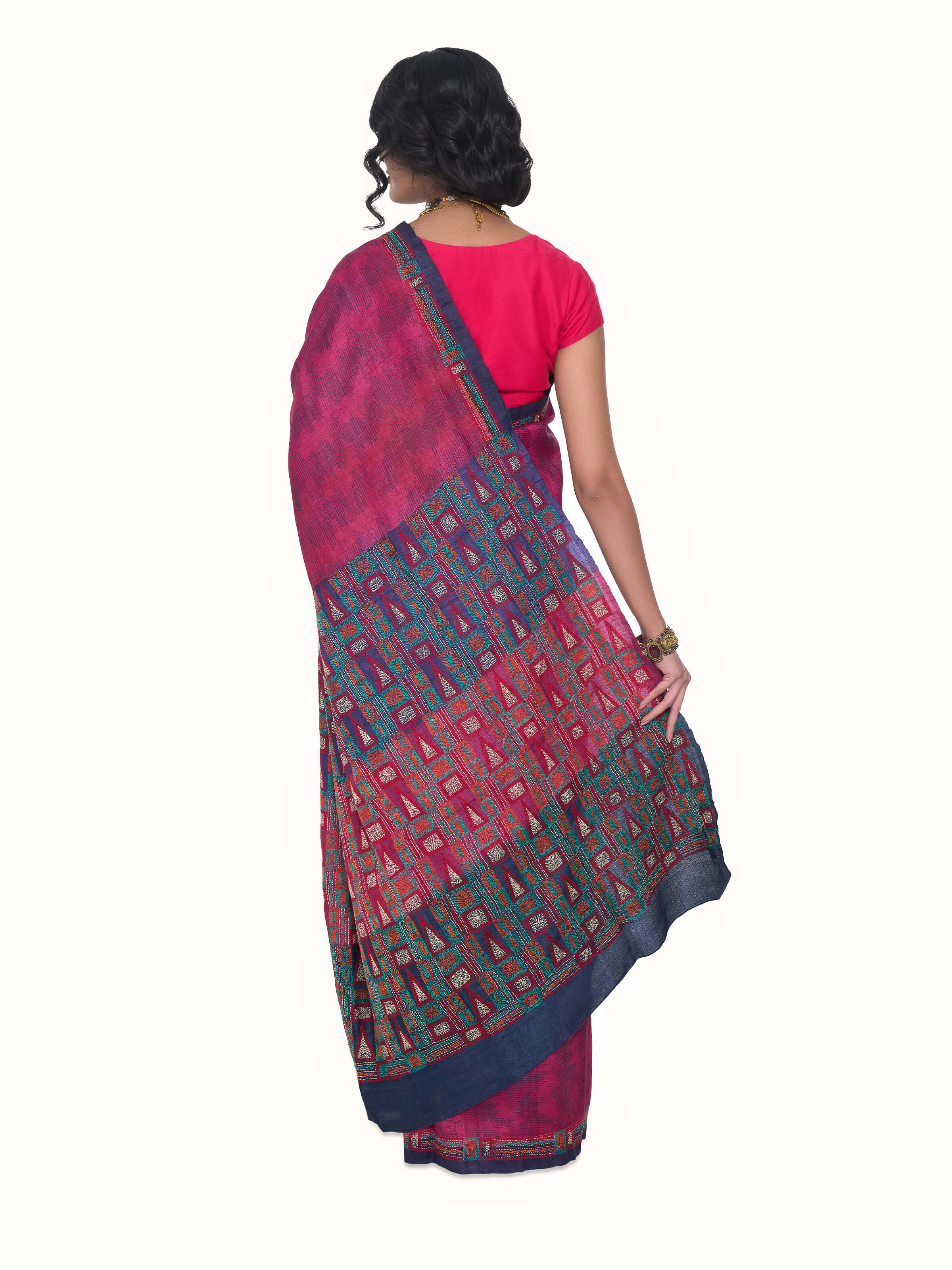 Magenta Tussar Silk Discharge Block Printed Kantha Embroidered Saree