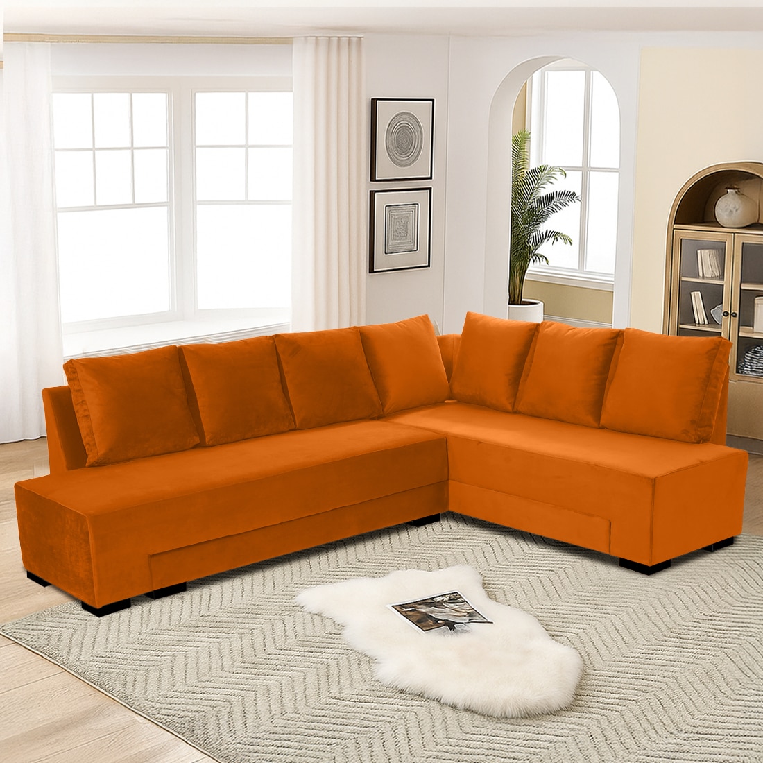 Melo 3 Seater Right Sectional Velvet Sofa Cum Bed in Orange colour