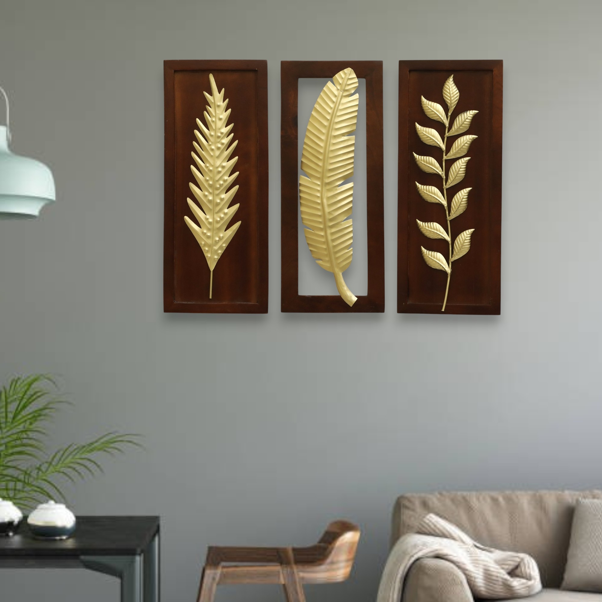W-Sylas Abstract Metal Wall Decor in Gold Set of 3 - Vedas Exports