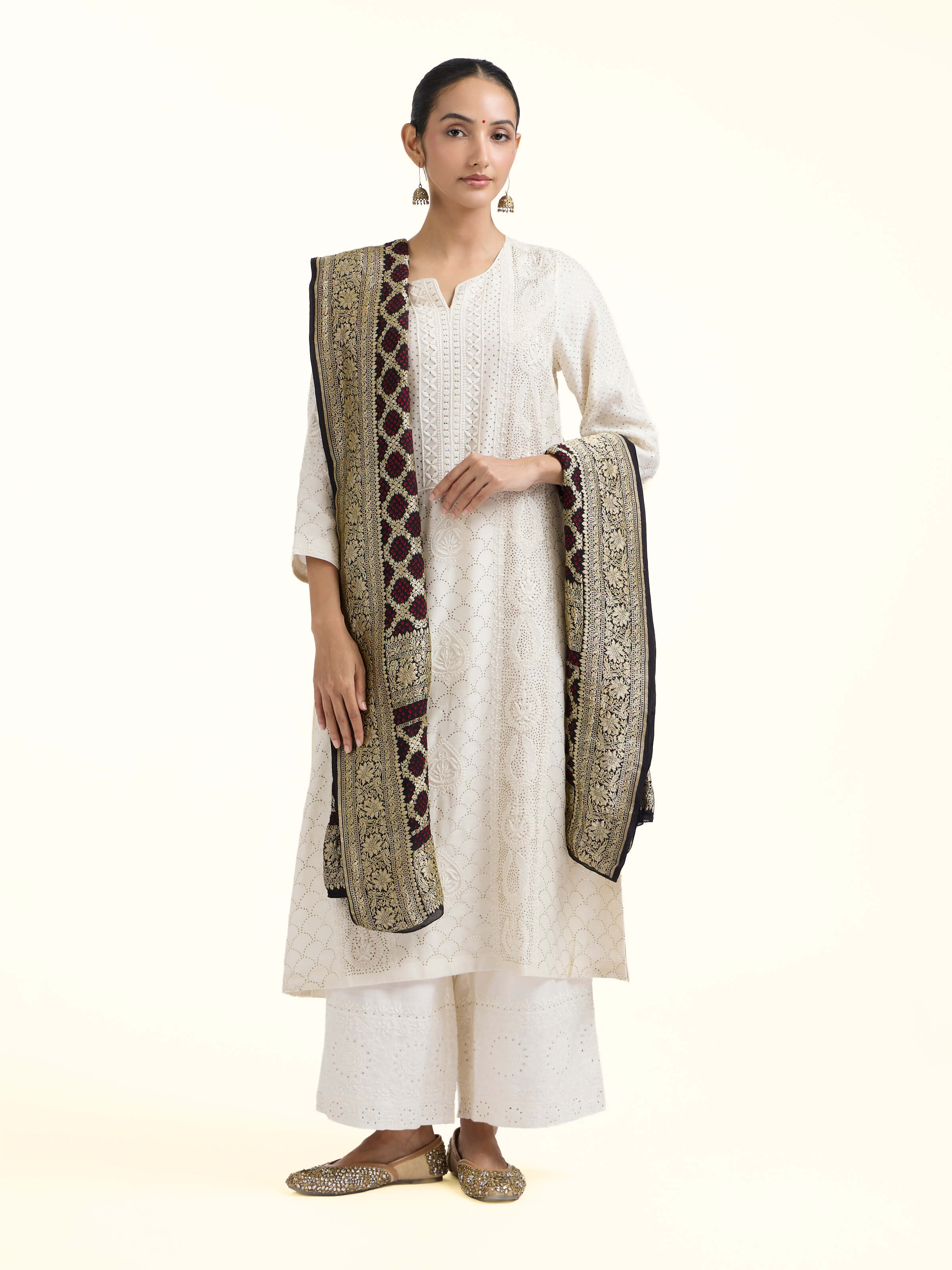 Front view of Black Bandhani Tie & Dye Silk Dupatta showcasing its traditional craftsmanship and design