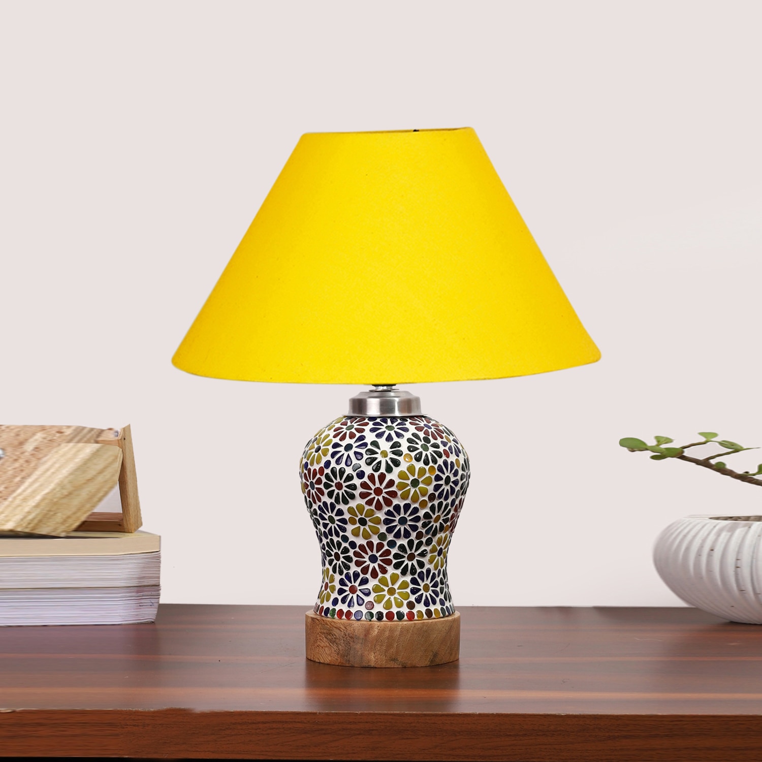 Devansh Conical Yellow Cotton Shade Lamp With Wood & Mosaic Glass Base For Decoration/Office/Home/Gifting/Study For Decoration/Office/Home/Gifting/Study -(10X10X14.5) Inches -A - Devansh