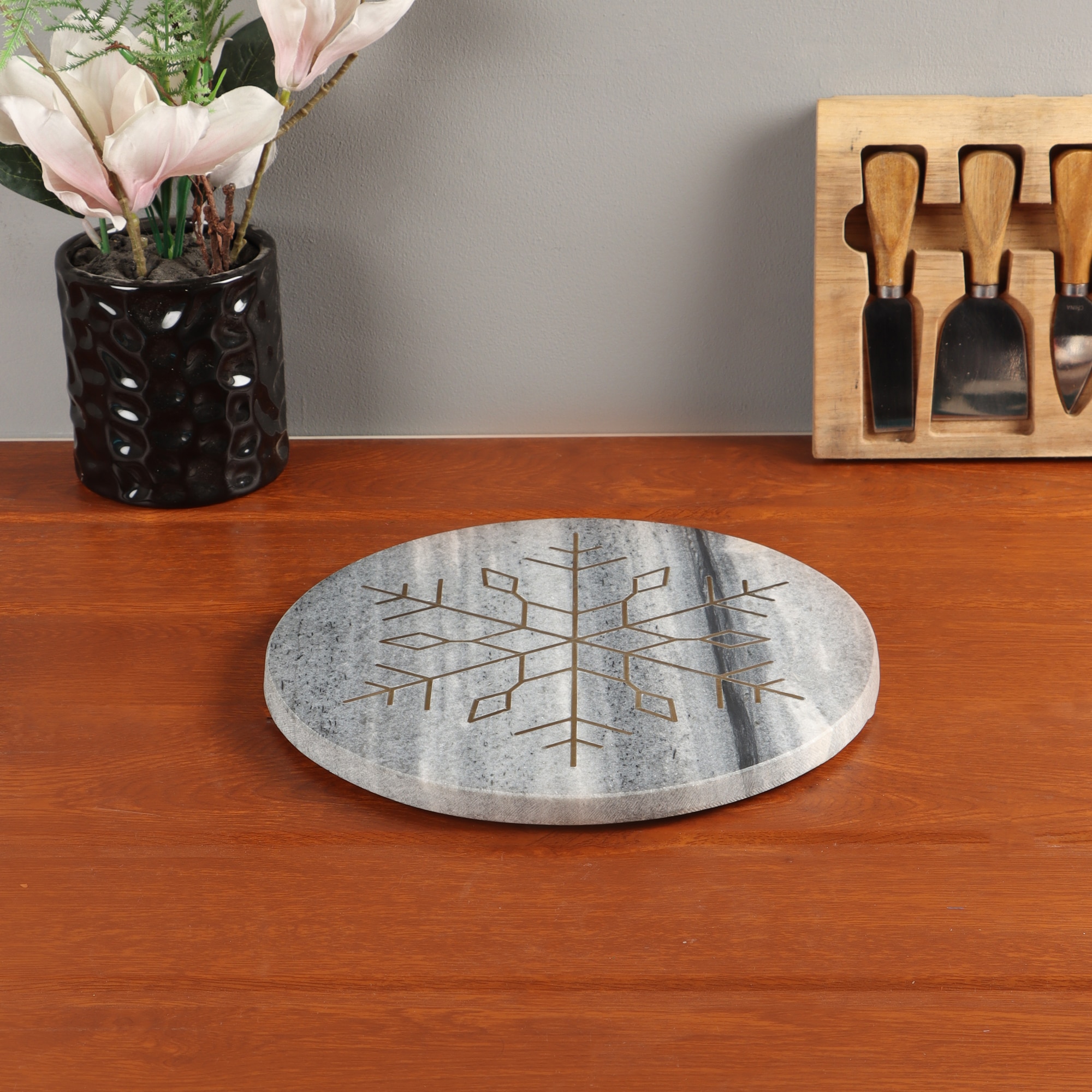 NikkisPride Elegant Marble Serving & Décor Platter Snowflake Brass  inlay