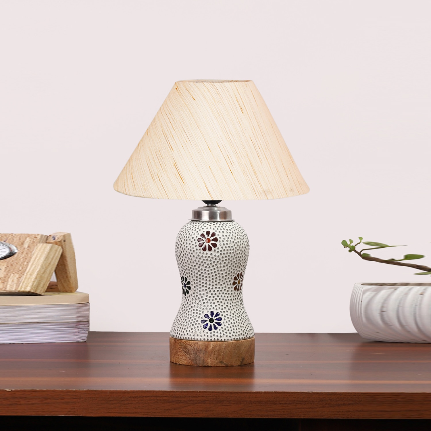 Devansh Conical Off White Cotton Shade Lamp With Wood & Mosaic Glass Base For Decoration/Office/Home/Gifting/Study For Decoration/Office/Home/Gifting/Study -(10X10X14.5) Inches -A