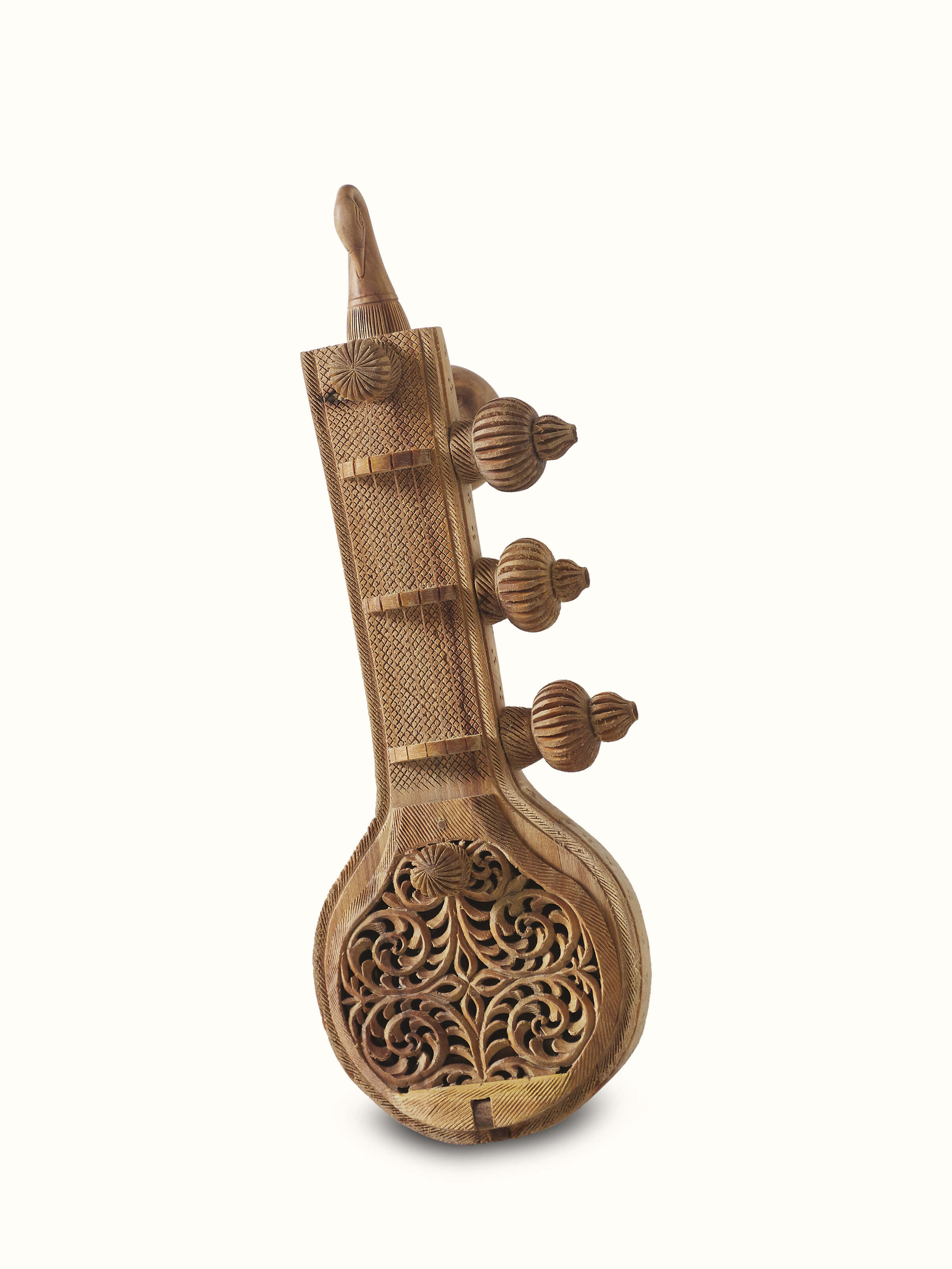 Front view of carved sandalwood Vandana Veena sculpture with intricate carvings
