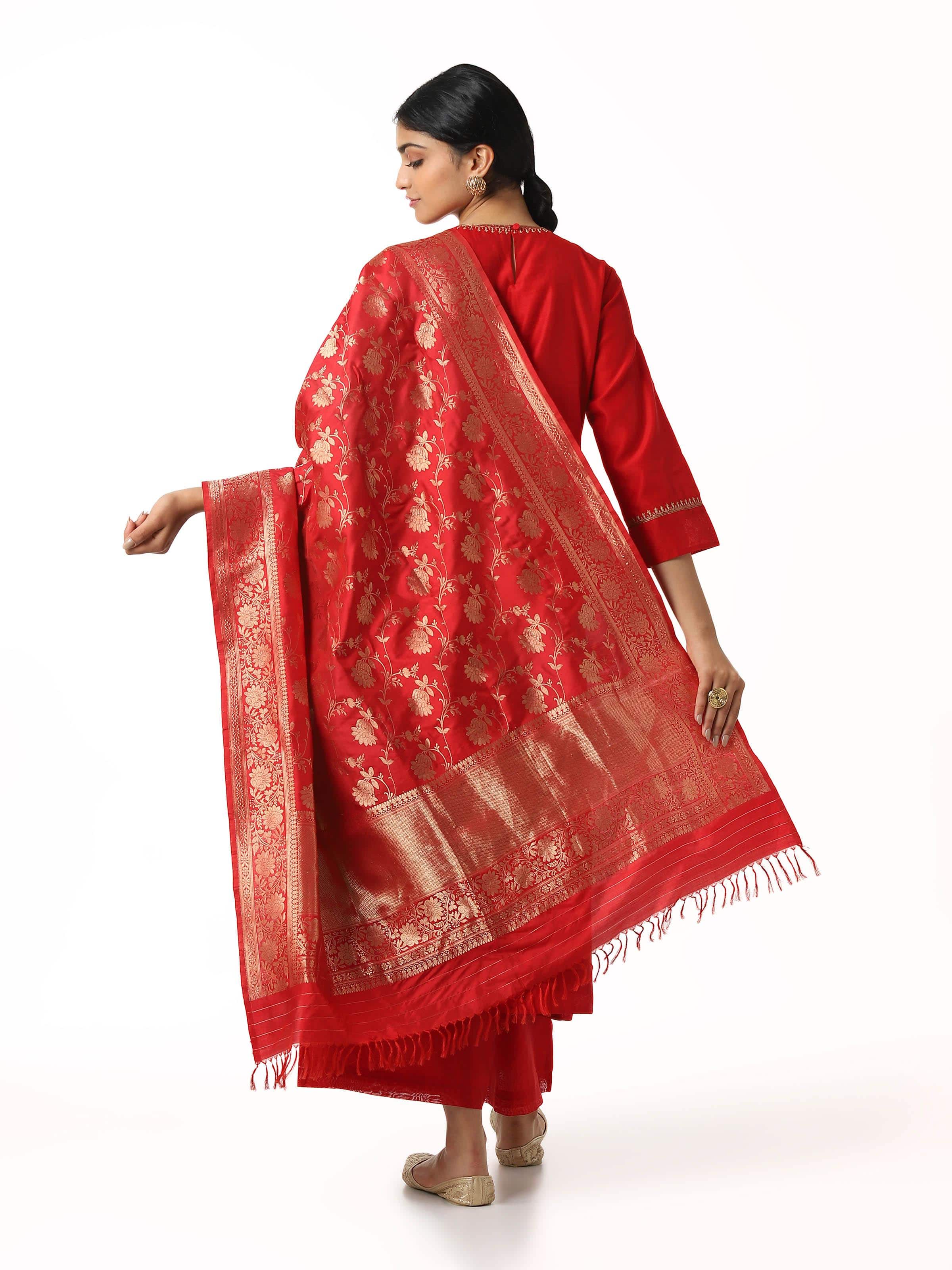 Red Banarasi Silk Kadwa Handwoven Dupatta