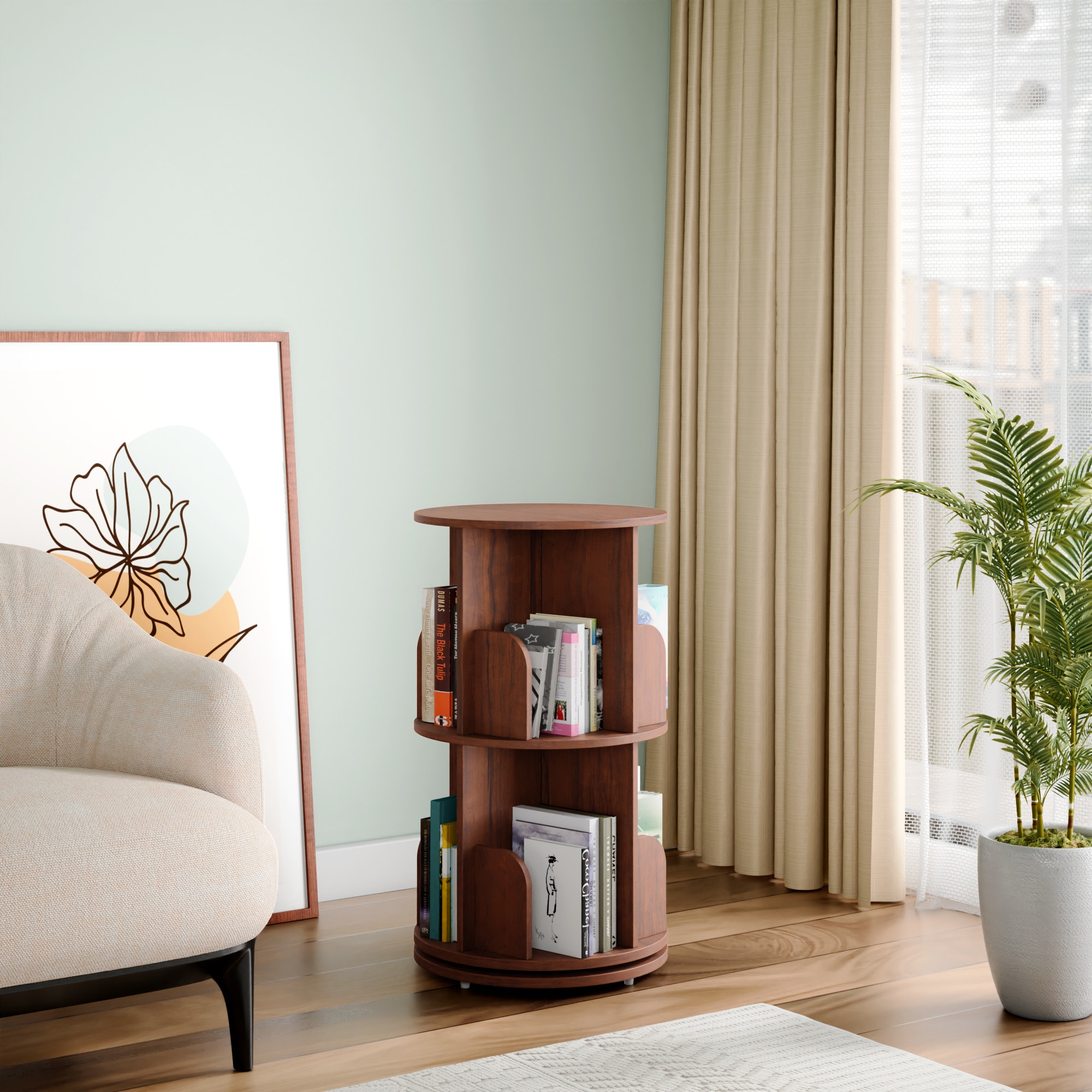 360° Rotating Bookshelf – 2 Tier Wooden Book Storage Rack, Brown Finish - Alex Daisy