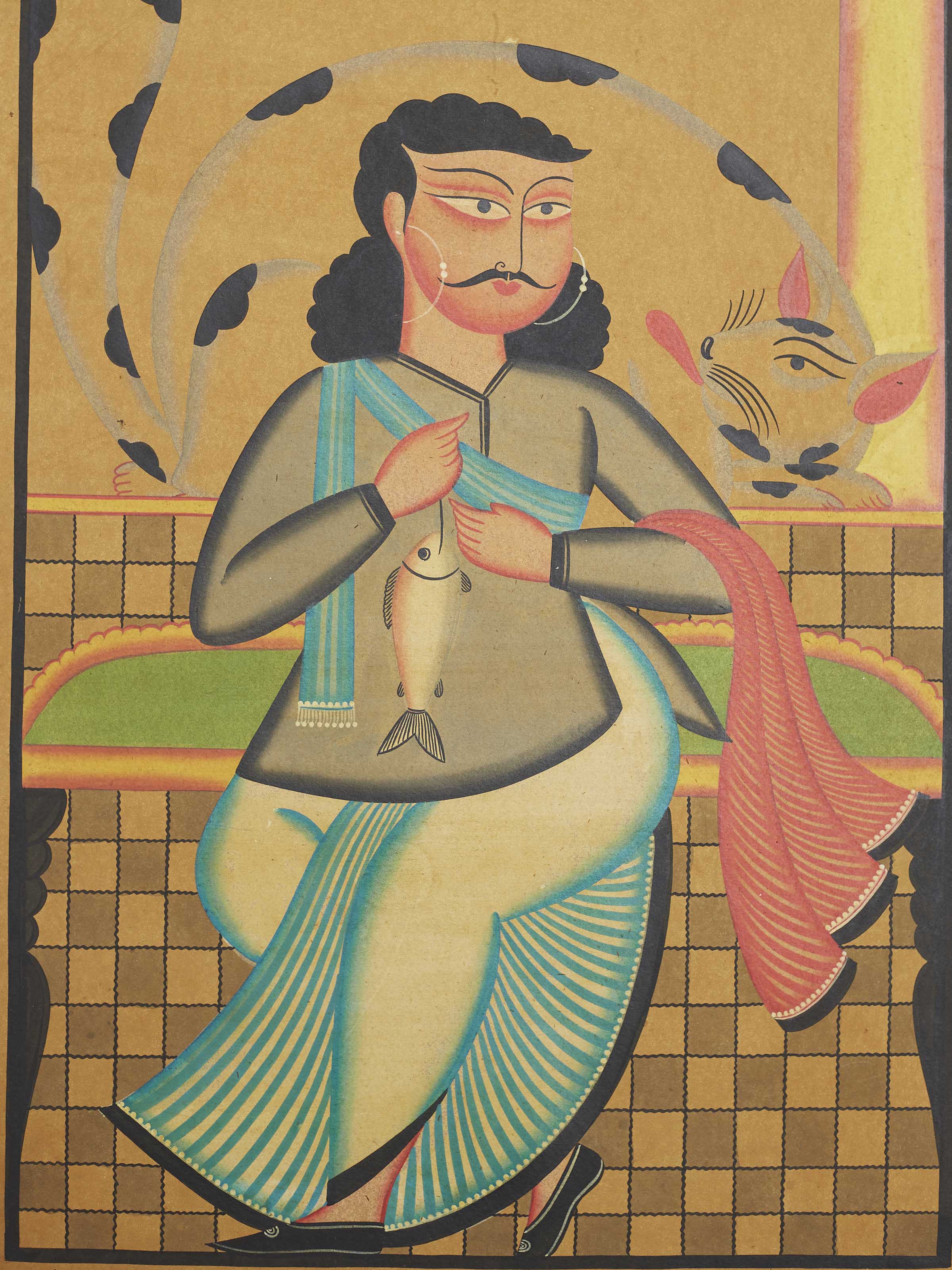Detail close-up of Babu Bibi Kalighat painting showing brushwork and colors