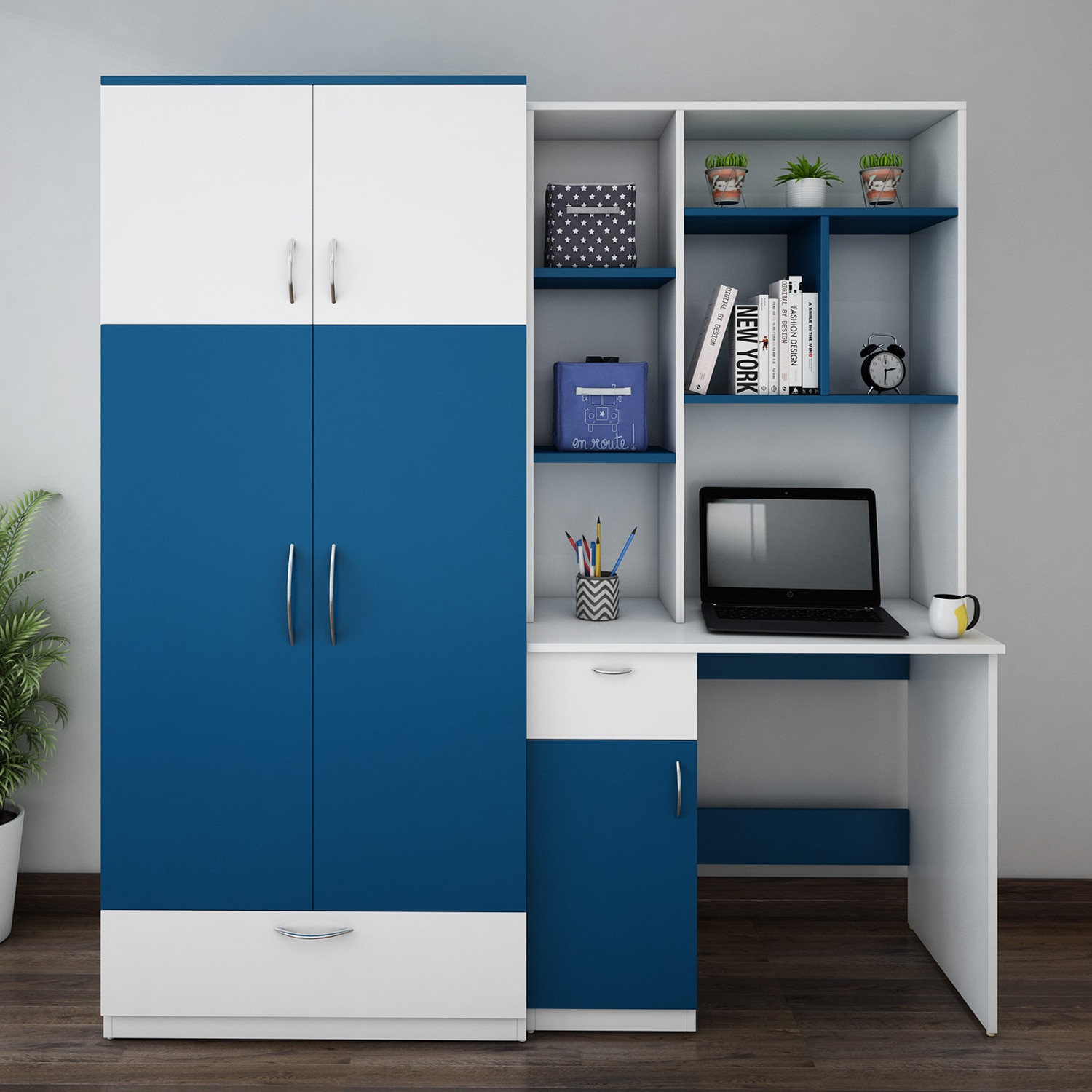 Workrobe Study Table Blue And Frosty White - Woodbuzz