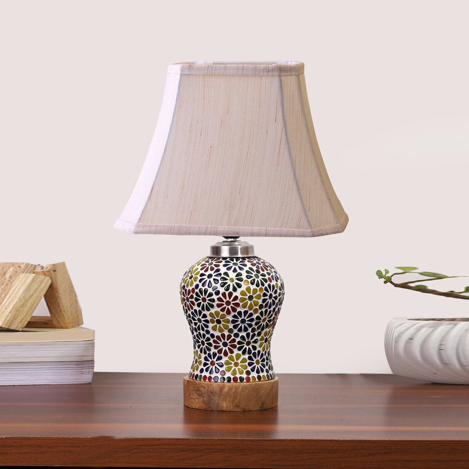 Devansh Off-White Cotton Rectangular Shade Lamp With Wood & Mosaic Glass Base For Decoration/Office/Home/Gifting/Study For Decoration/Office/Home/Gifting/Study