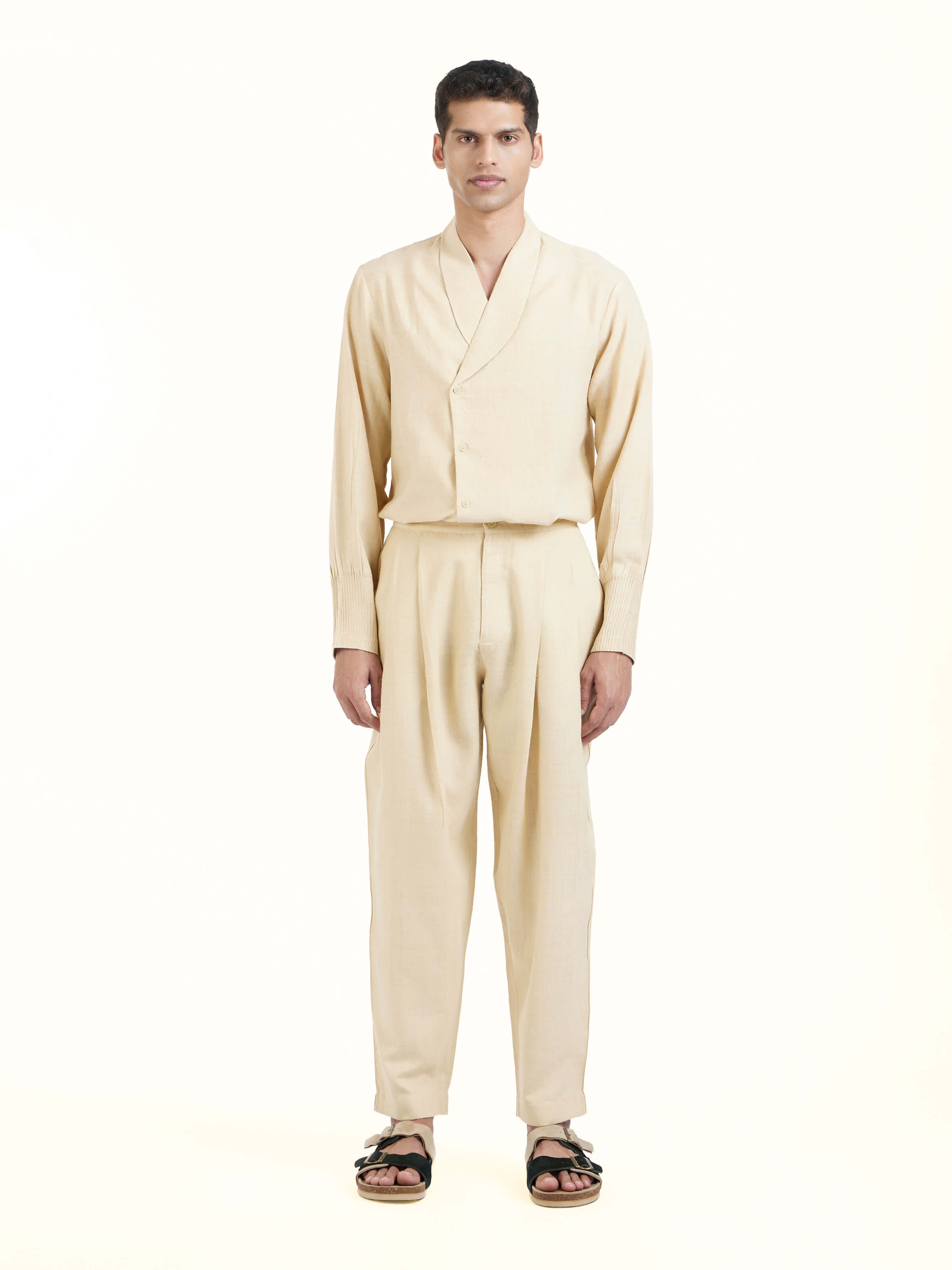 Front view of off-white silk handloom straight pants with clean silhouette