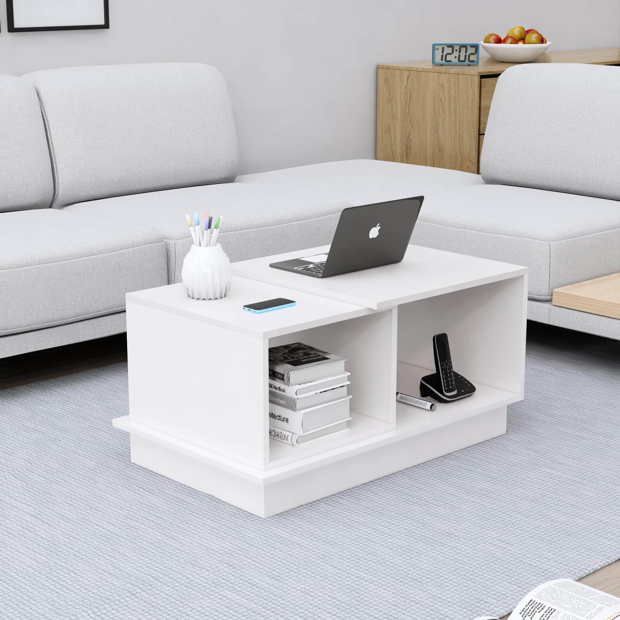 Hexa Engineered Wood Coffee Table With Storage And Open Rack In Frosty White - HexaRed