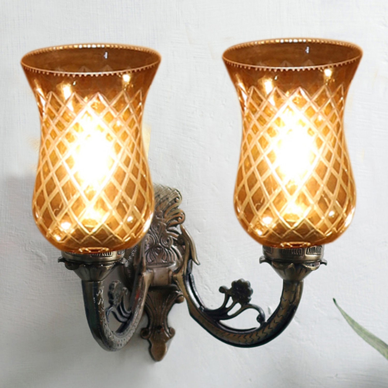 Devansh Metal Electric Wall Light in Antique gold Colour with Lavender Shade Count of 2 Lights - Devansh