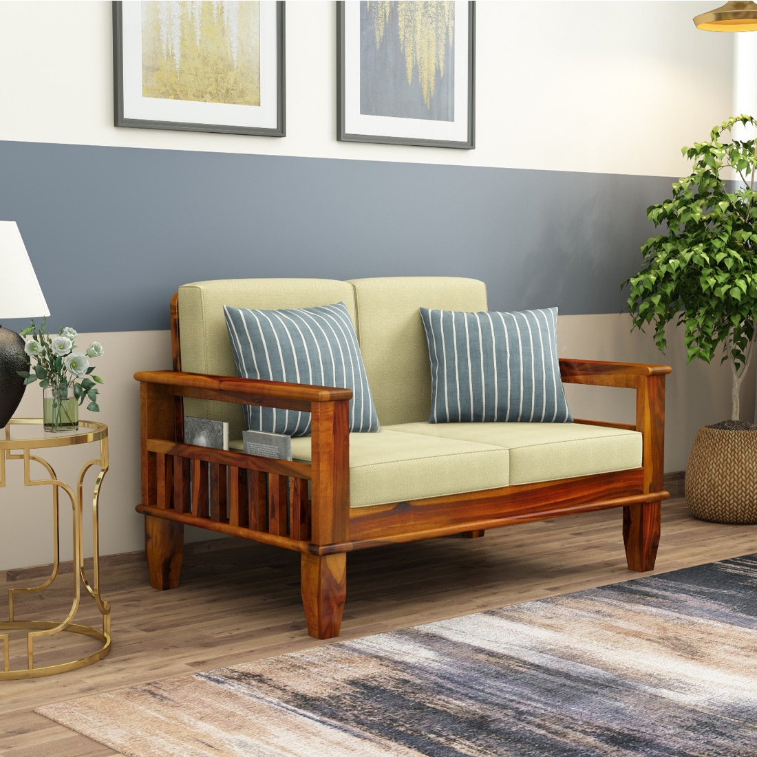 Madhavi 2 Seater Wooden Sofa (Creame Colour, Honey Finish)