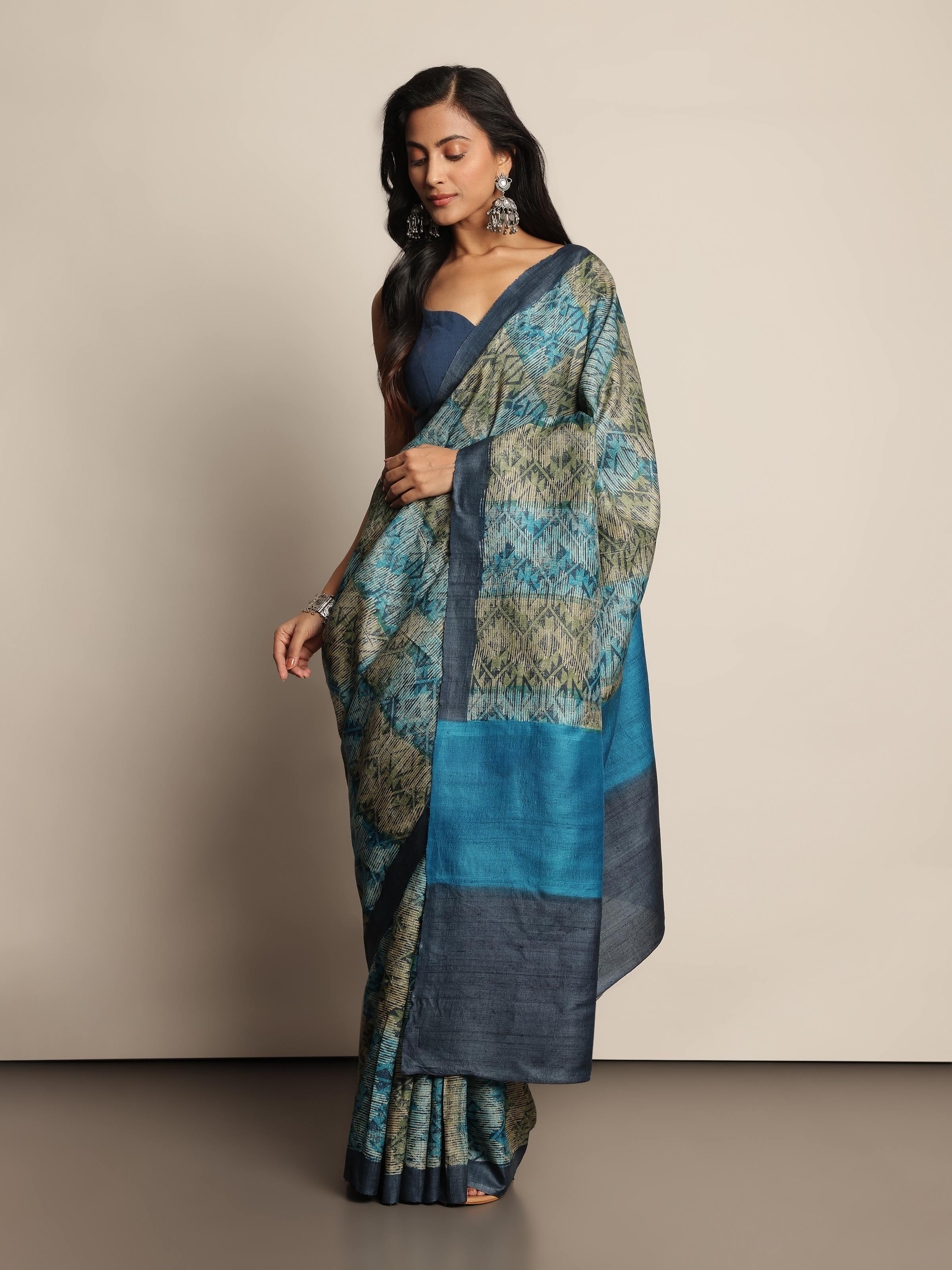 Indigo Tussar Silk Discharge Printed Saree