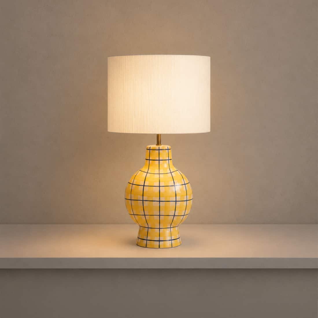 Amalfi Handicrafted Table Lamp in Yellow and blue checks Colour - Orange Tree