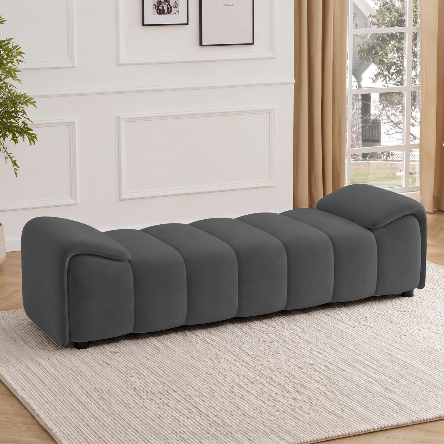 Venza Velvet 2 Seater Ottoman Bench in Dark Grey Color