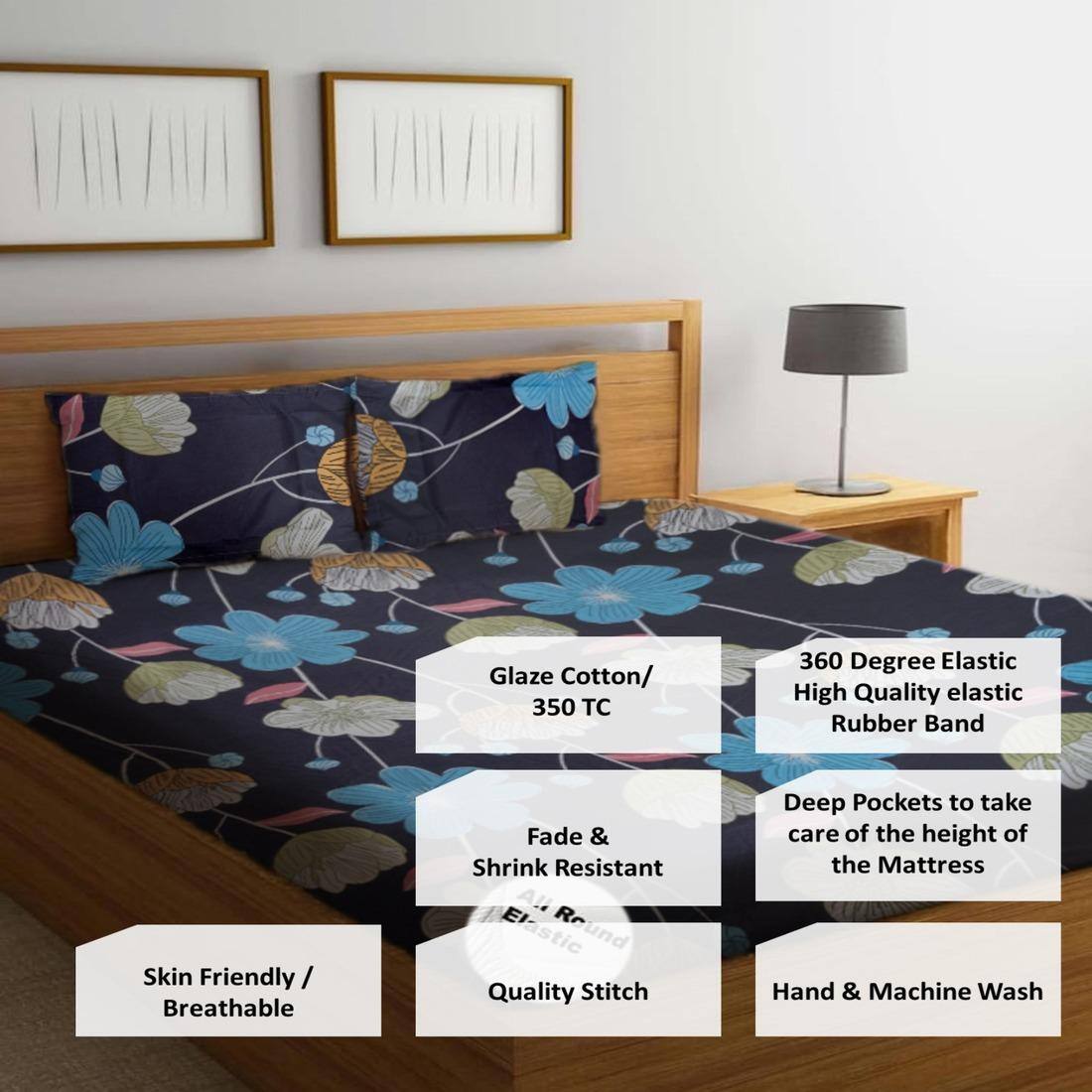 High Quality Cotton mix Double bed Fitted Bedsheets 198 cmsx 182 cms ( Pillows 46 x 49 cms)