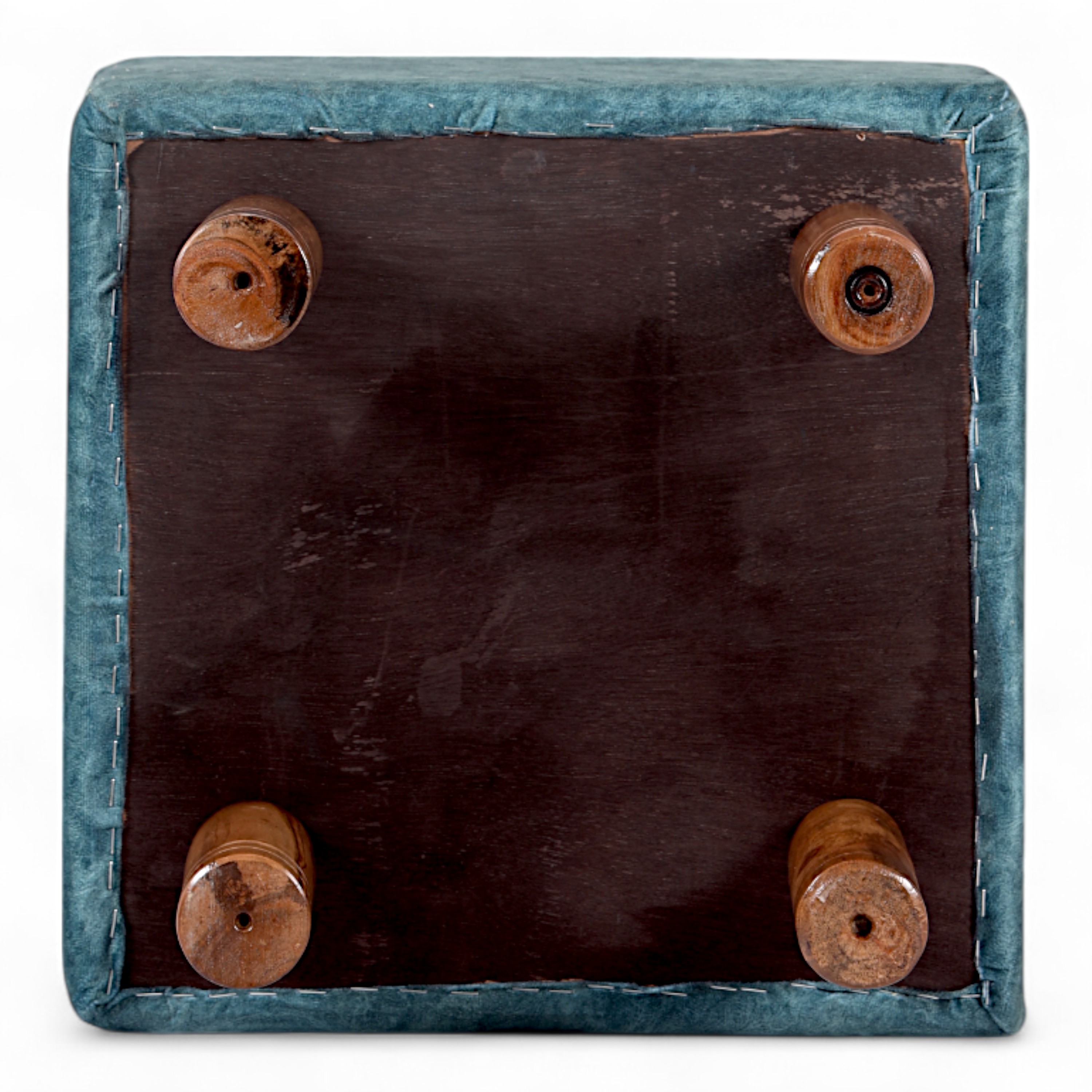 Verona Solid Wood Pouf Stool in Textured Cyan Blue Jackard fabric