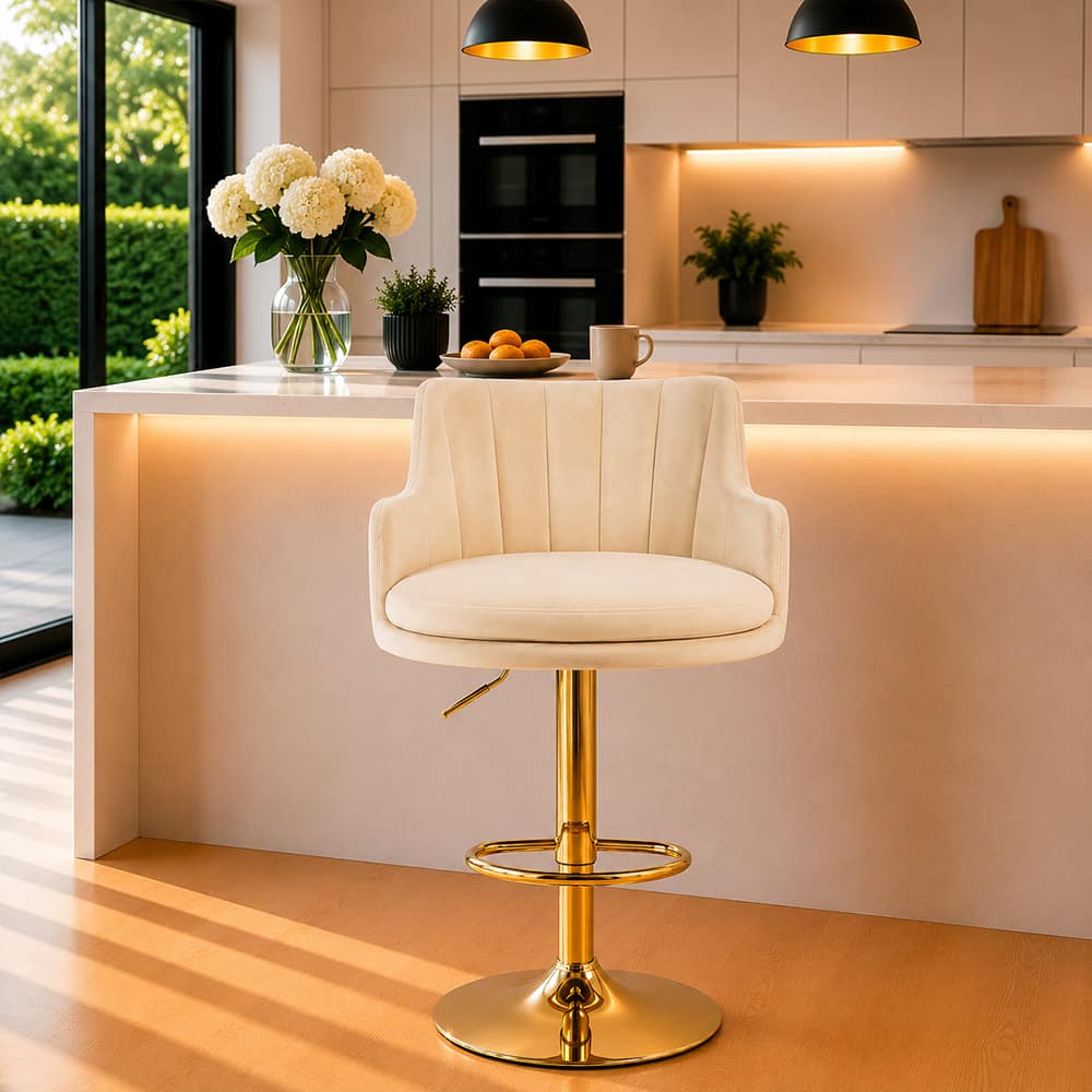 Doe Buck Oliver Adjustable Velvet Bar Stool in Beige Colour with Gold Base - Doe Buck