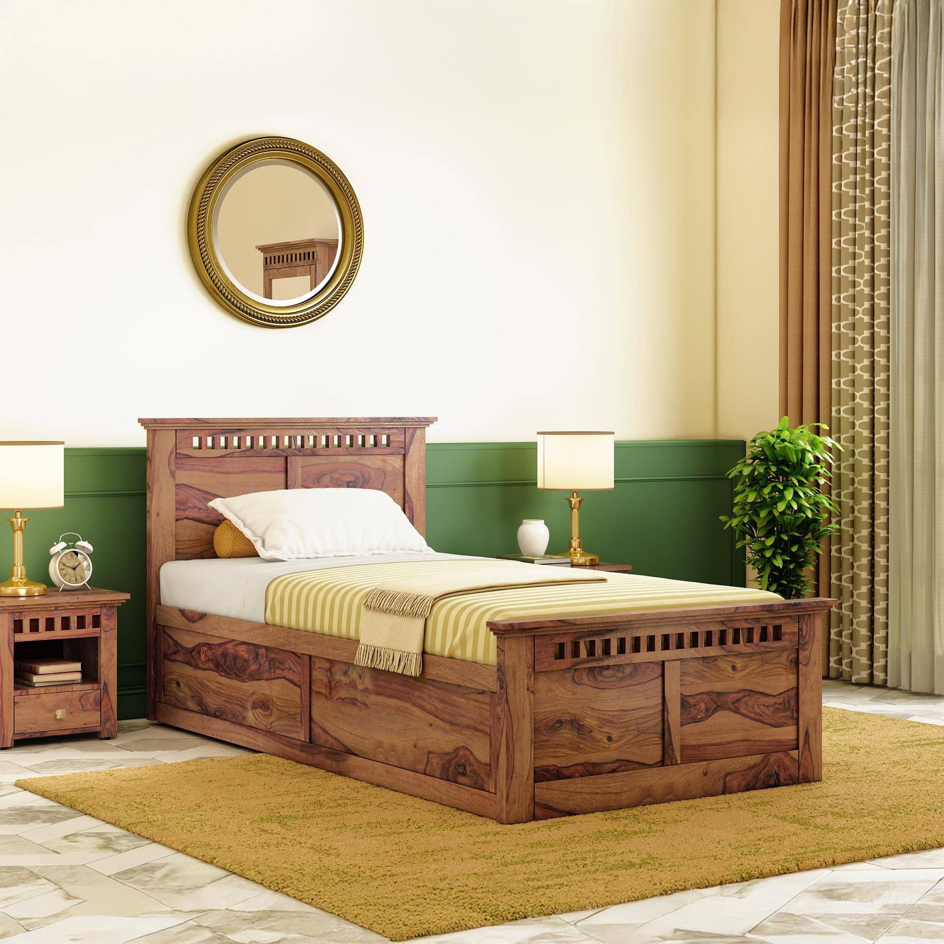 Fidora Solid Wood Single Storage Bed In Teak Finish