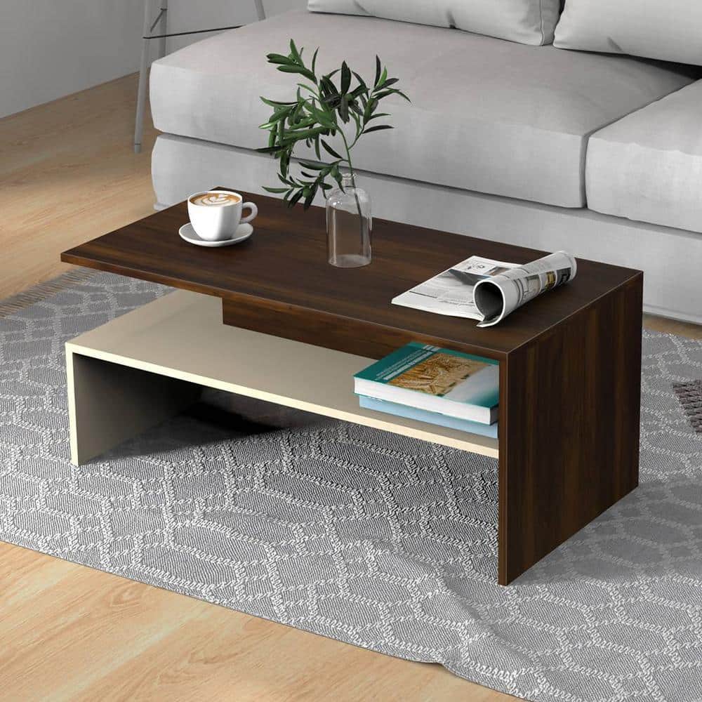 Taurley Engineered Wood Coffee Center Sofa Tea/Teapoy Console Table (Brown Maple & Beige)