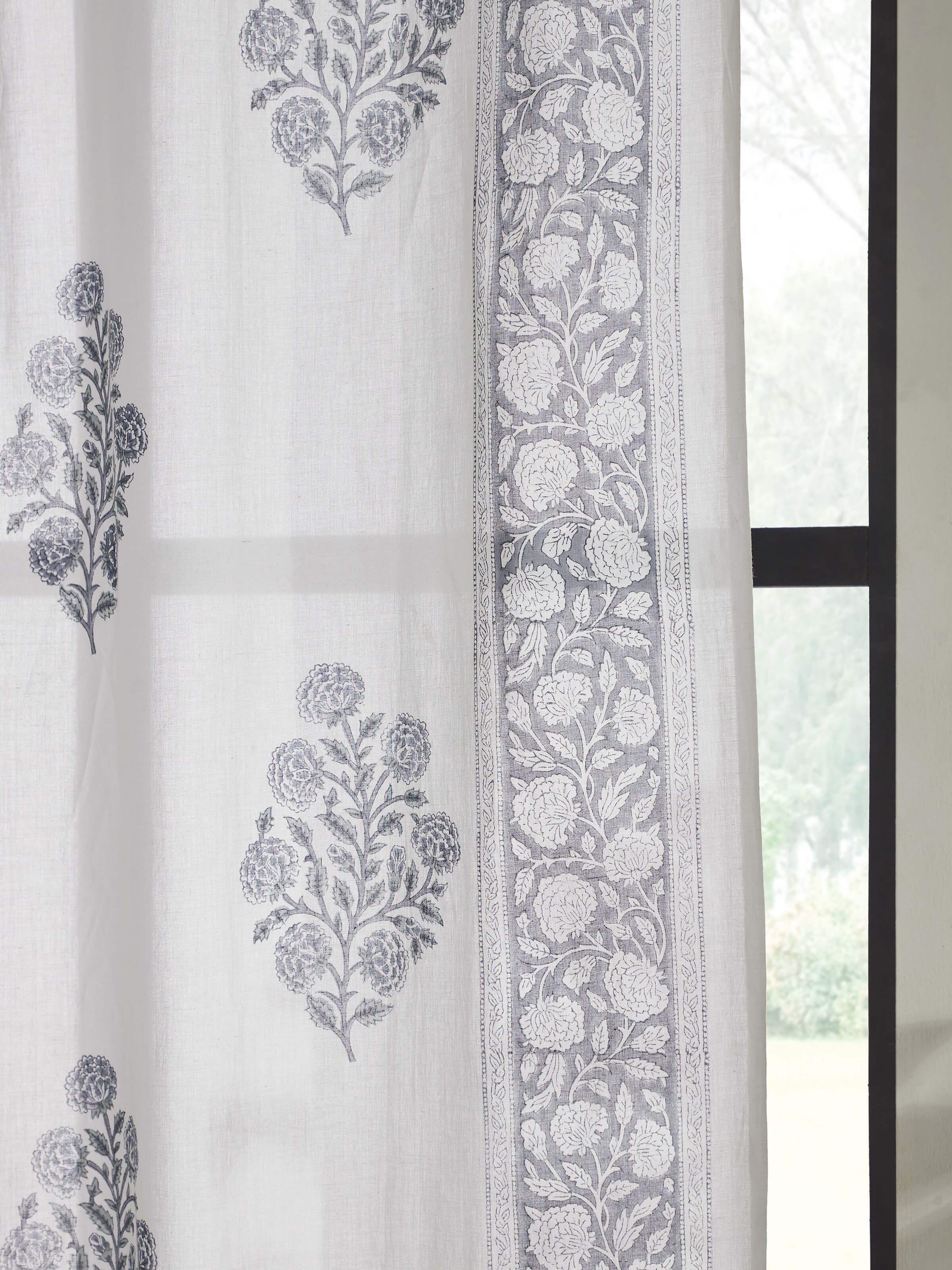 Detail shot of Saha Grey Floral Sheer Curtain, highlighting delicate block printing on lightweight cotton fabric.