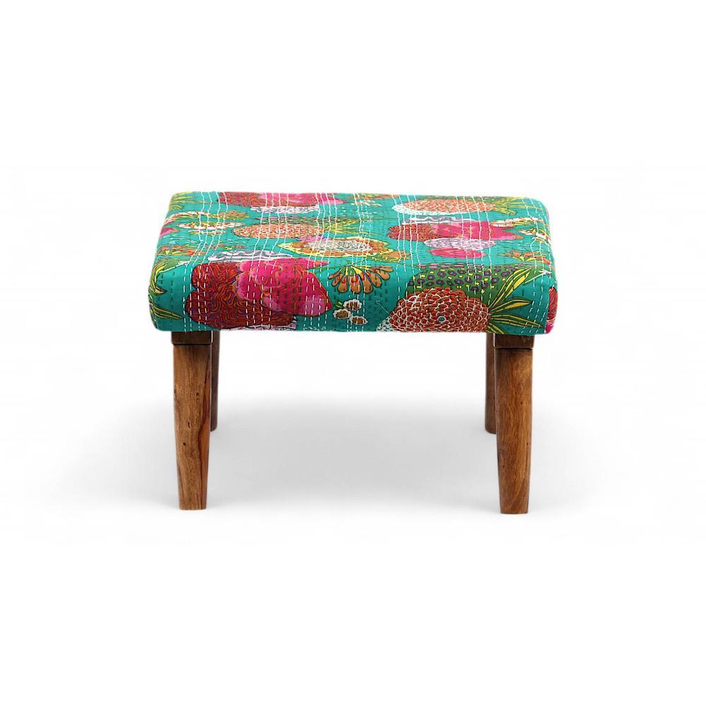 Queens Solid Wood Pouf Stool in Sea Green Fruit Print fabric