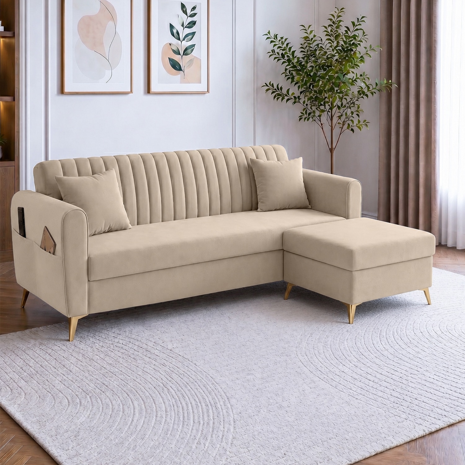 Daraco Velvet L shape 4 Seater Sofa in Cream Color - Home Lifestylez
