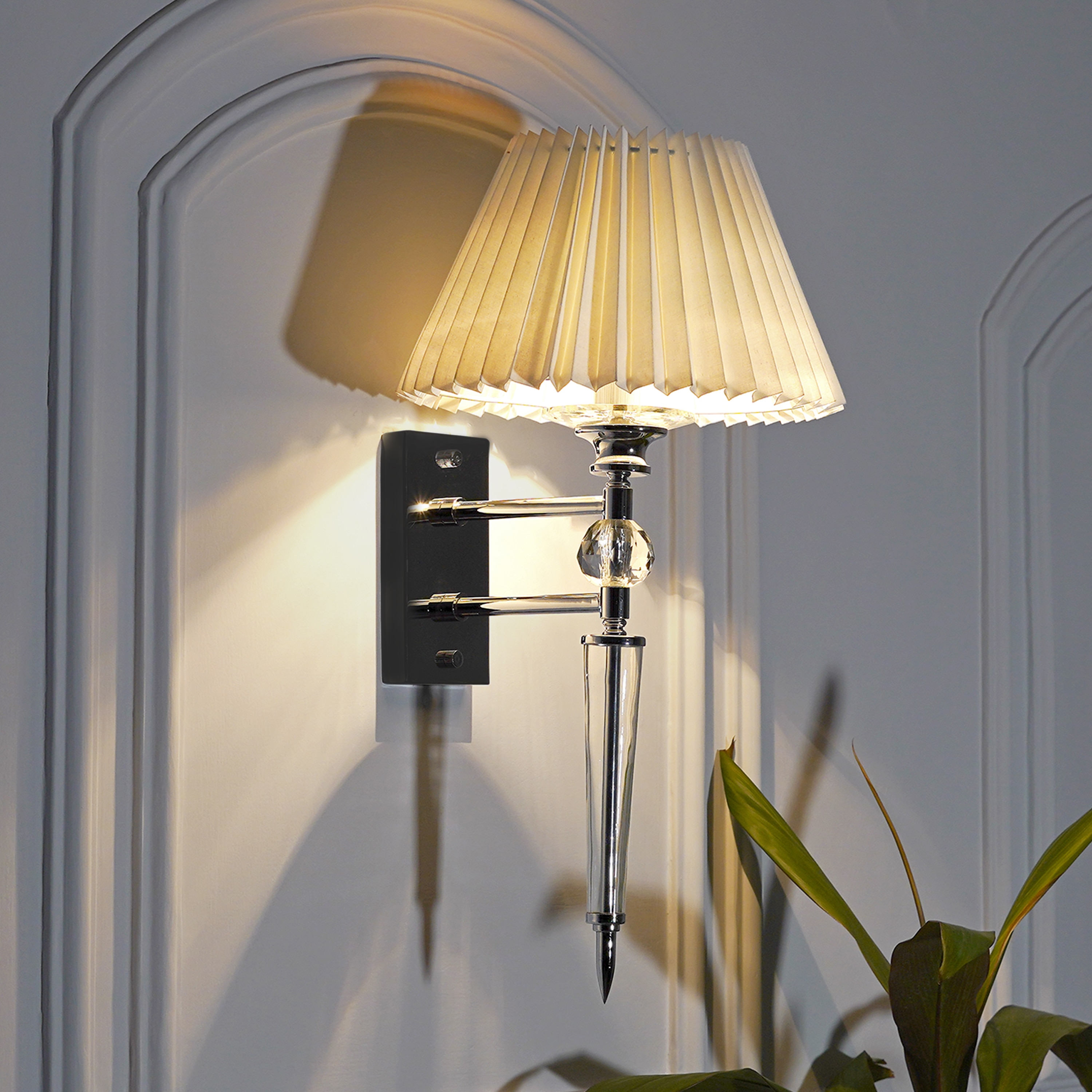 Aberdeenshire Glass and Chrome Wall Light With Off White Cotton Shade