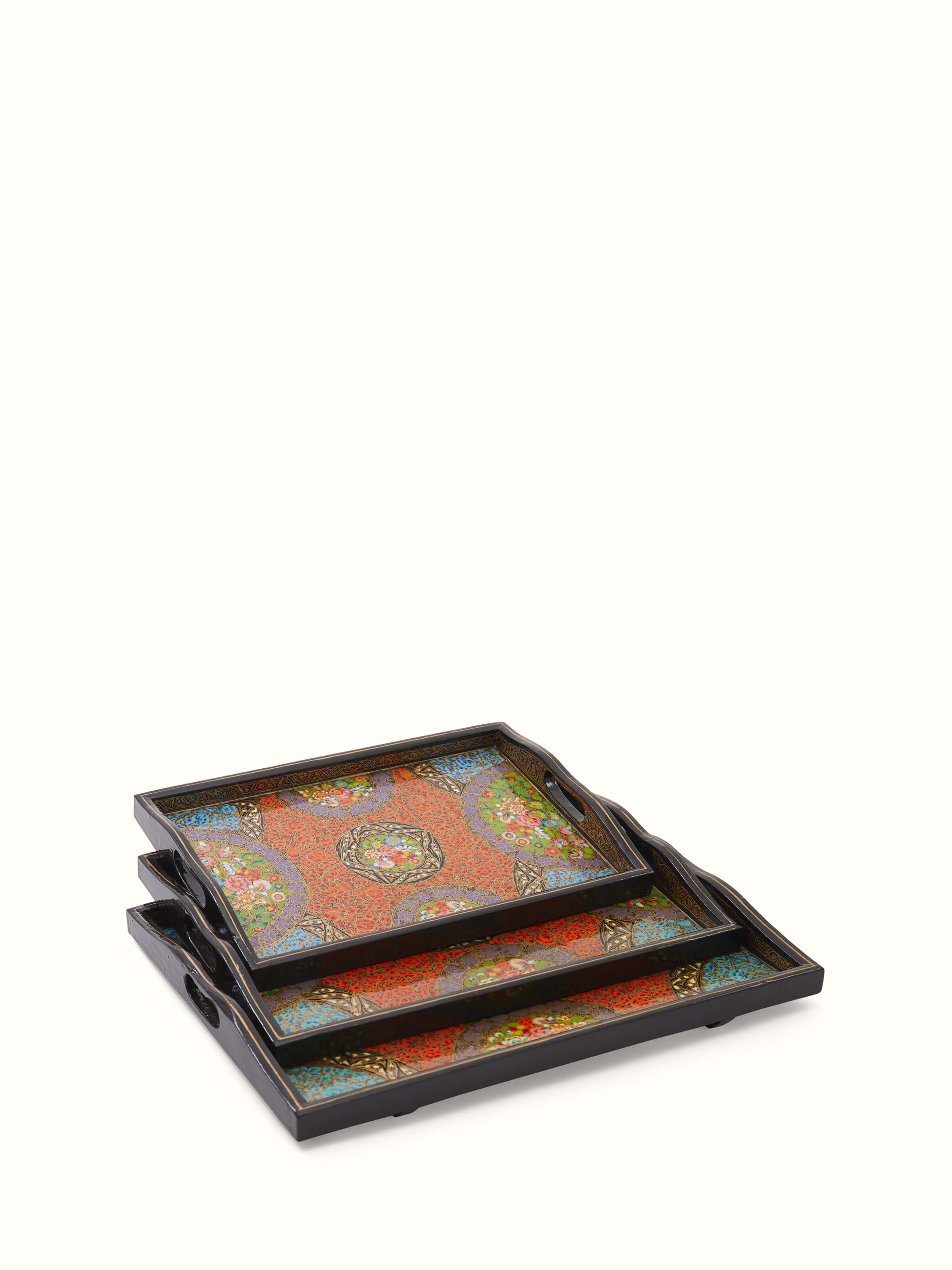 Front view of Papier mache paper pulp decor trays set showcasing their unique design and texture