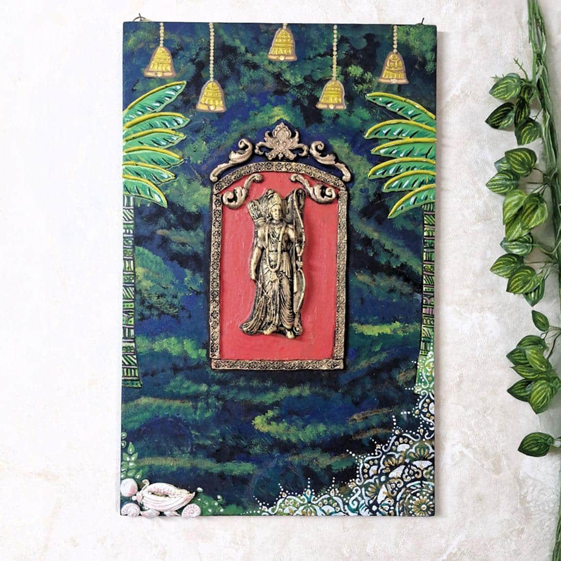 Multi Color Wooden Wall Art Panel with hand made God's idol Cone Art Work of Marble Dust and Clay
