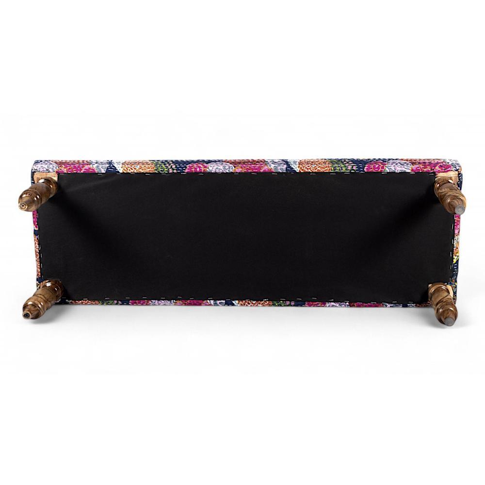 Cairo Sheesham Wood Mid Century 3 Seater Bench In Fruit Print Blue Kantha