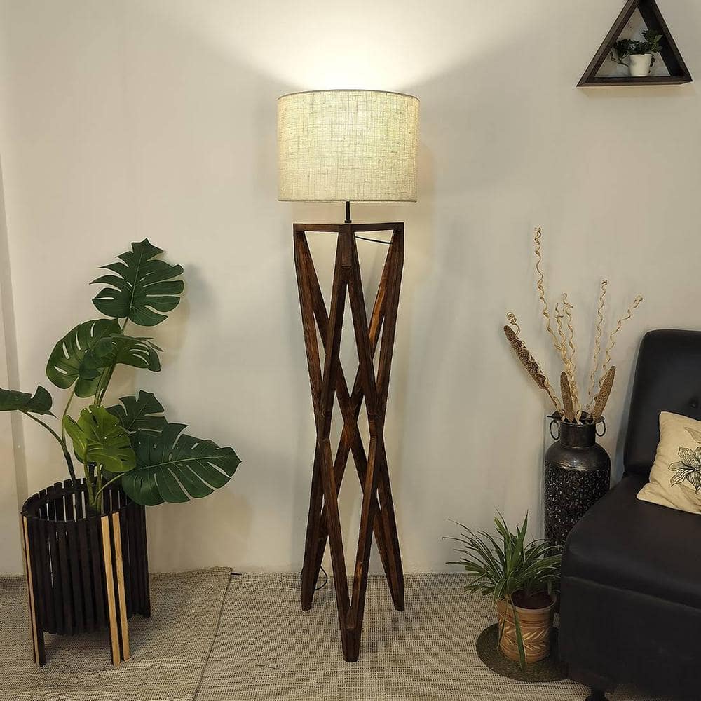 Ignis Wooden Floor Lamp with Brown Base and Jute Fabric Lampshade