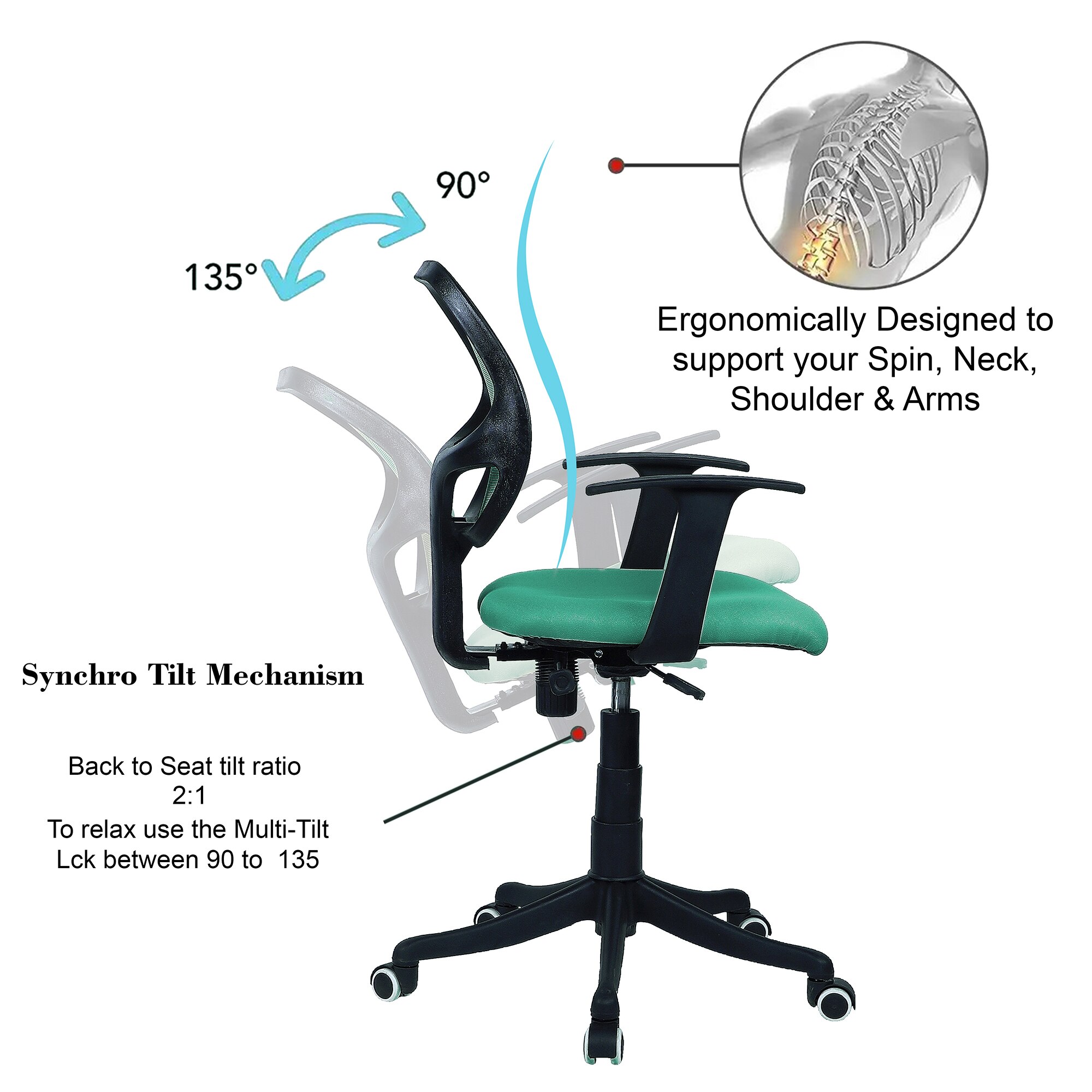 Jaazza Low Back Ergonomic Chair in Dark Green Colour
