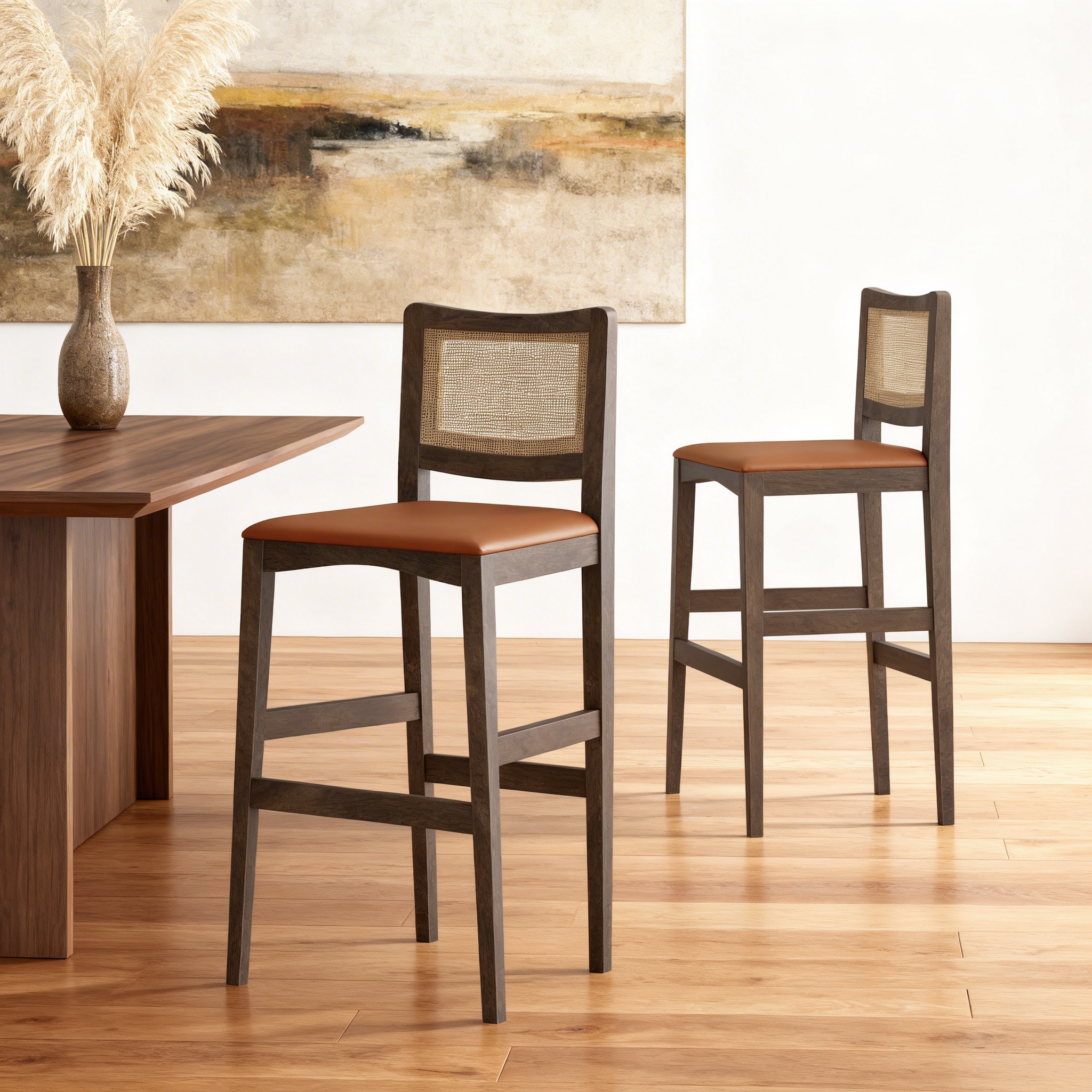 Weber Solid Wood and Cane Bar Chair (Danish Walnut Finish, Nappa Tan Leatherette Colour)