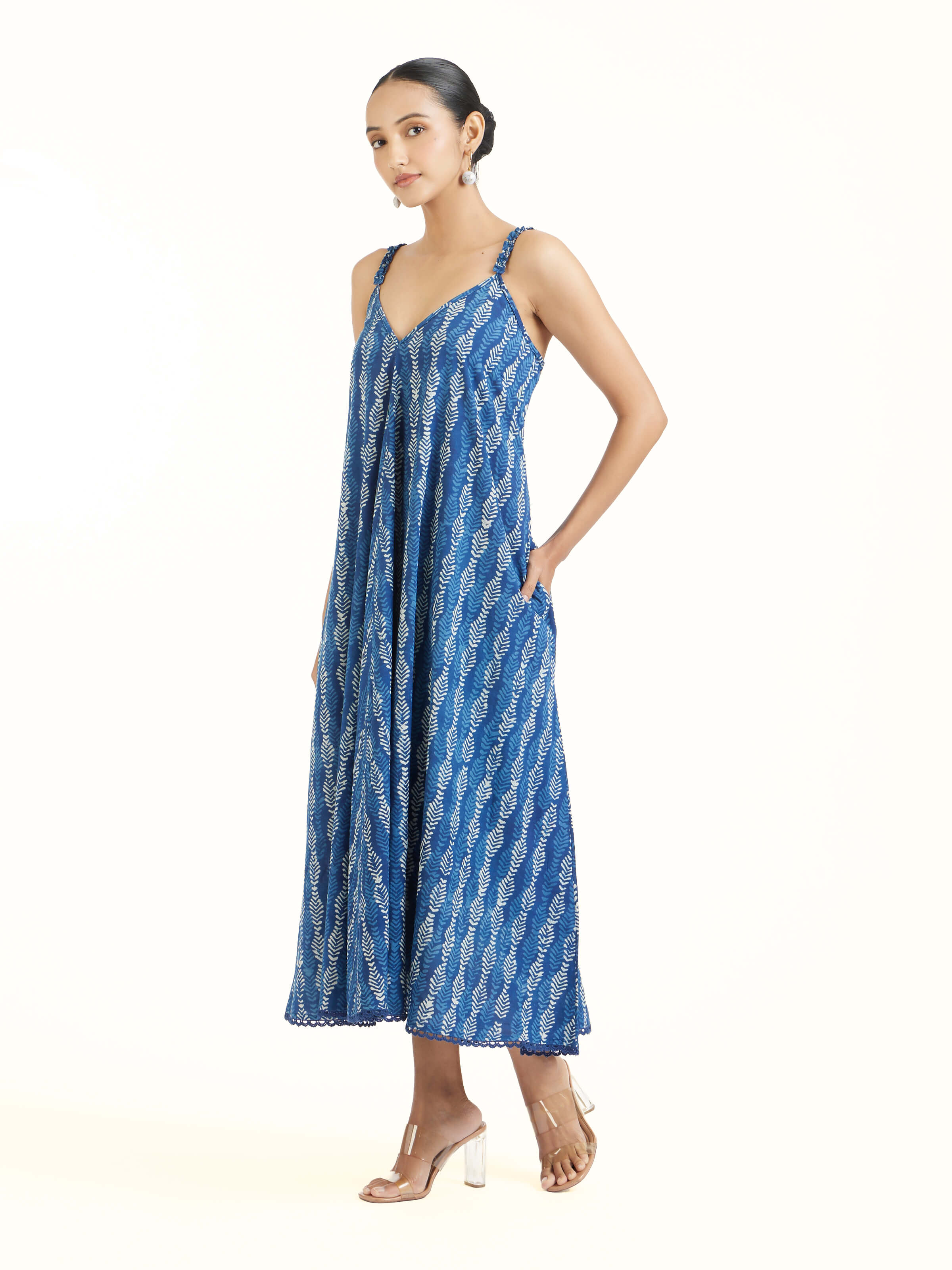 Side view of Prika cotton Dabu block printed dress highlighting structured silhouette