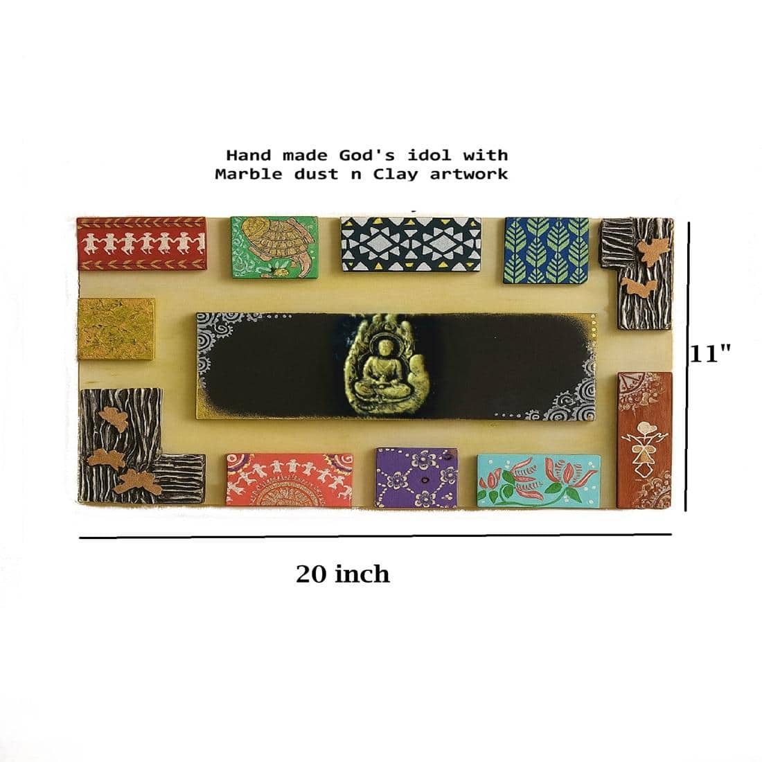 Multi Color Wooden Wall Art Panel with hand made God's idol Cone Art Work of Marble Dust and Clay