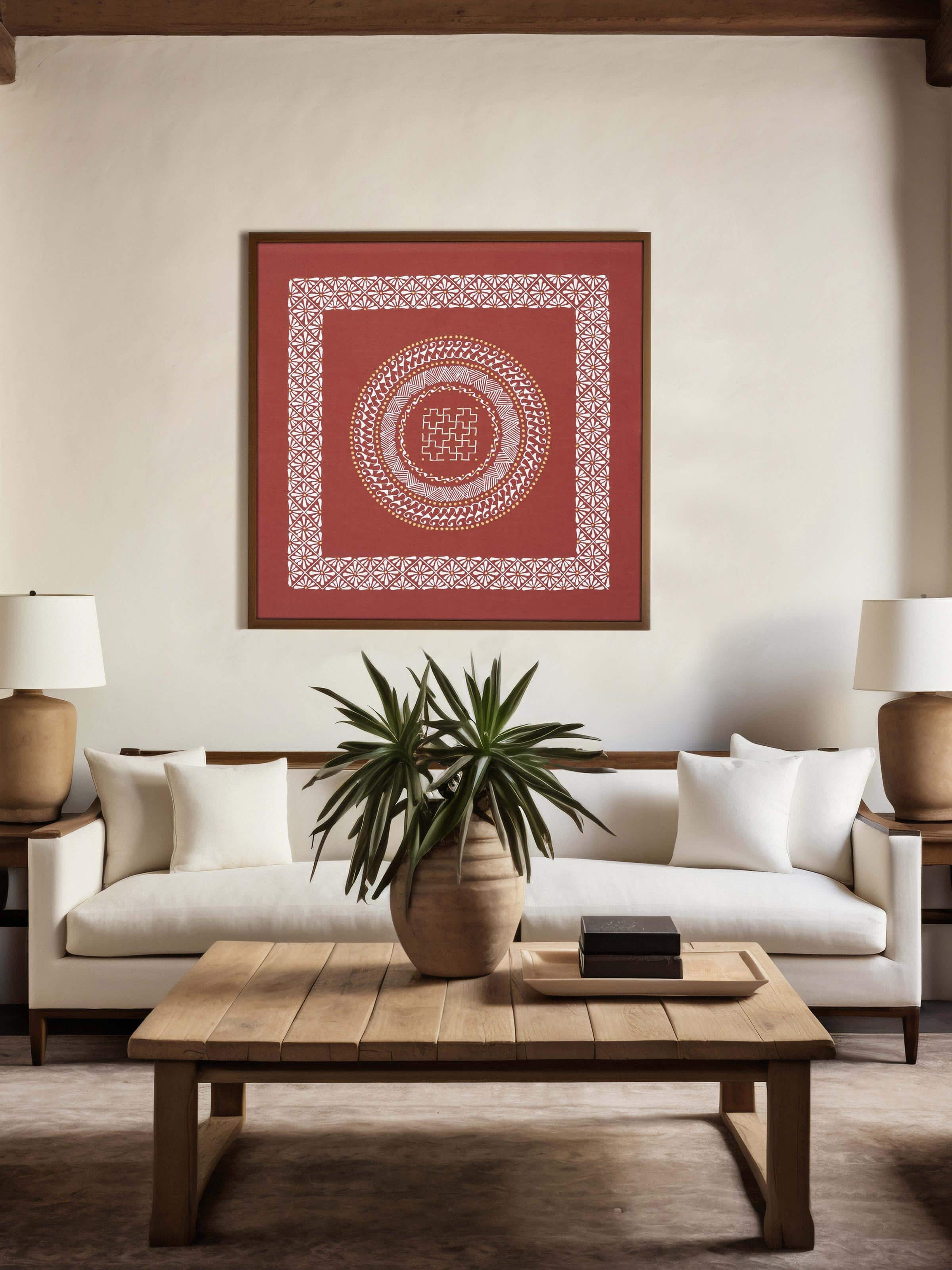 Close-up of Aipan Nau Bindu Ka Swastik mandala painting, focusing on the detailed patterns.