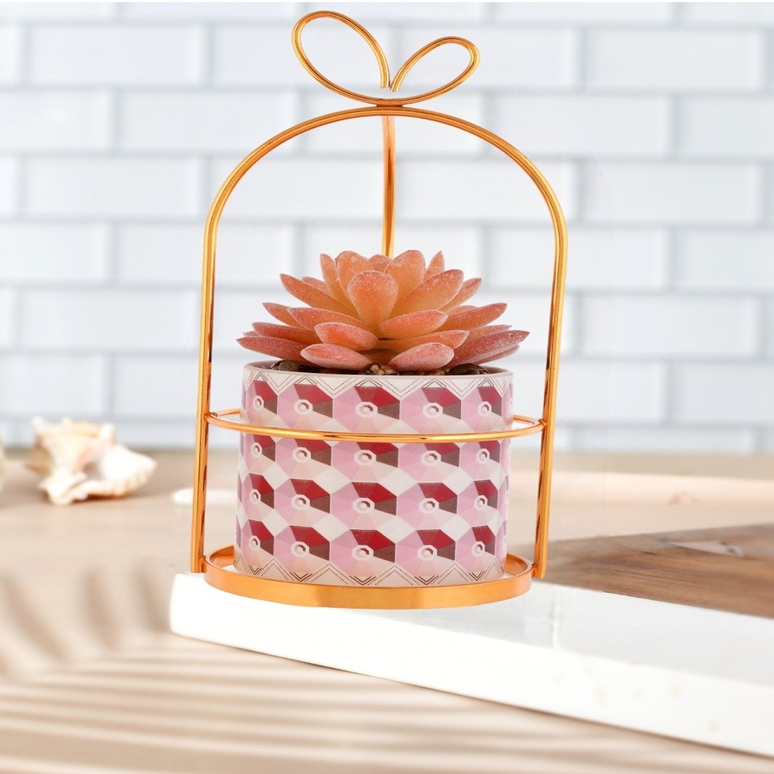 Artificial Plant With Ceramic Planter In A Golden Stand