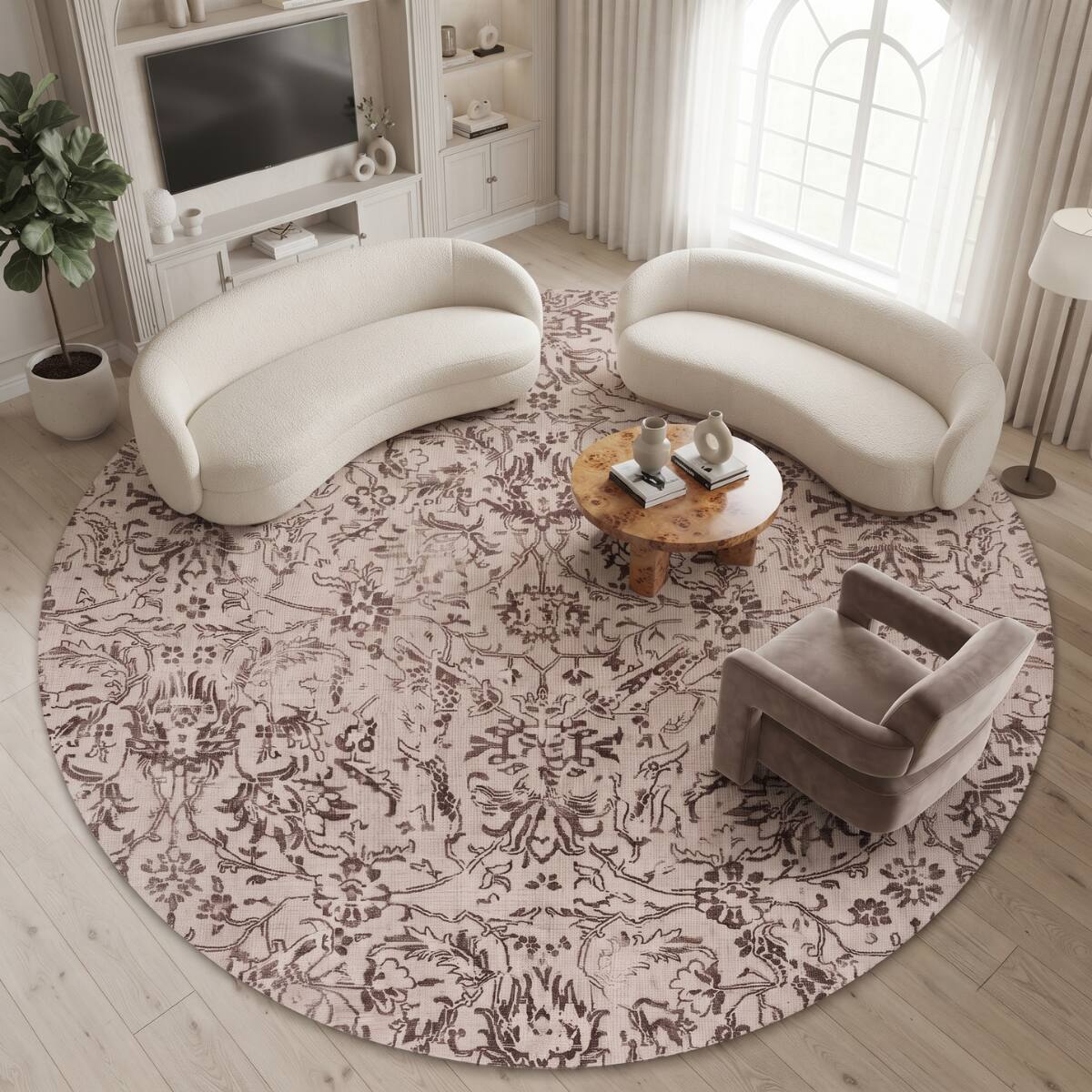 Neulooms Handloom Knotted Reversible Flatweave Round Rug Chocolate Brown or Ivory 4ft