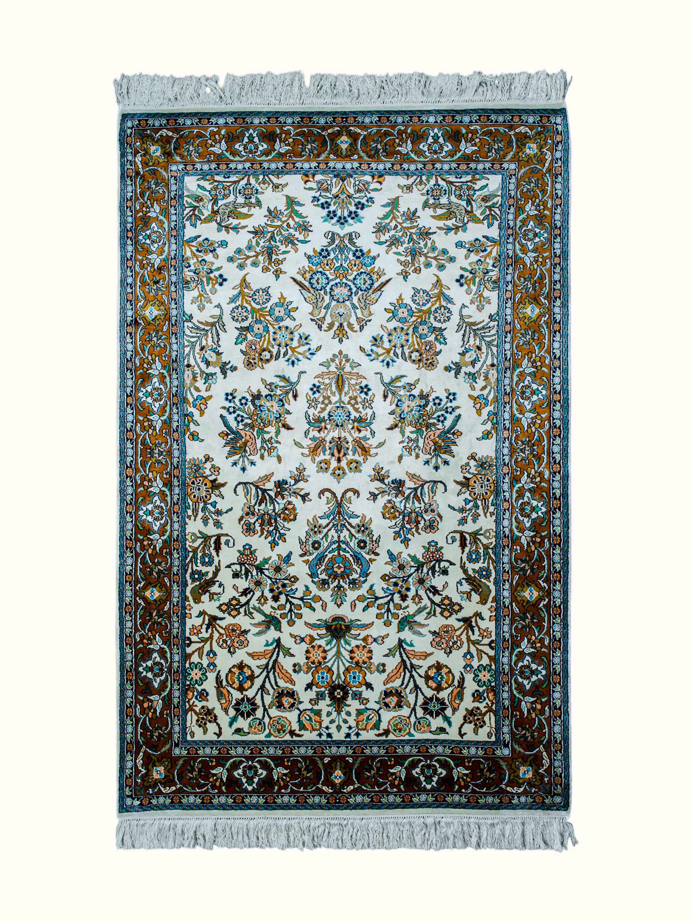 Traditional Persian Ivory Mahal Kashmir Silk Hand-Knotted Carpet