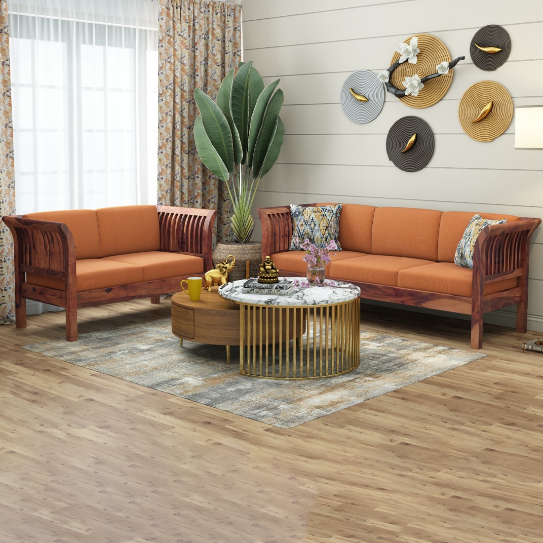 Haveli 3+2 Seater Wooden Sofa (Orange Colour, Teak Finish)