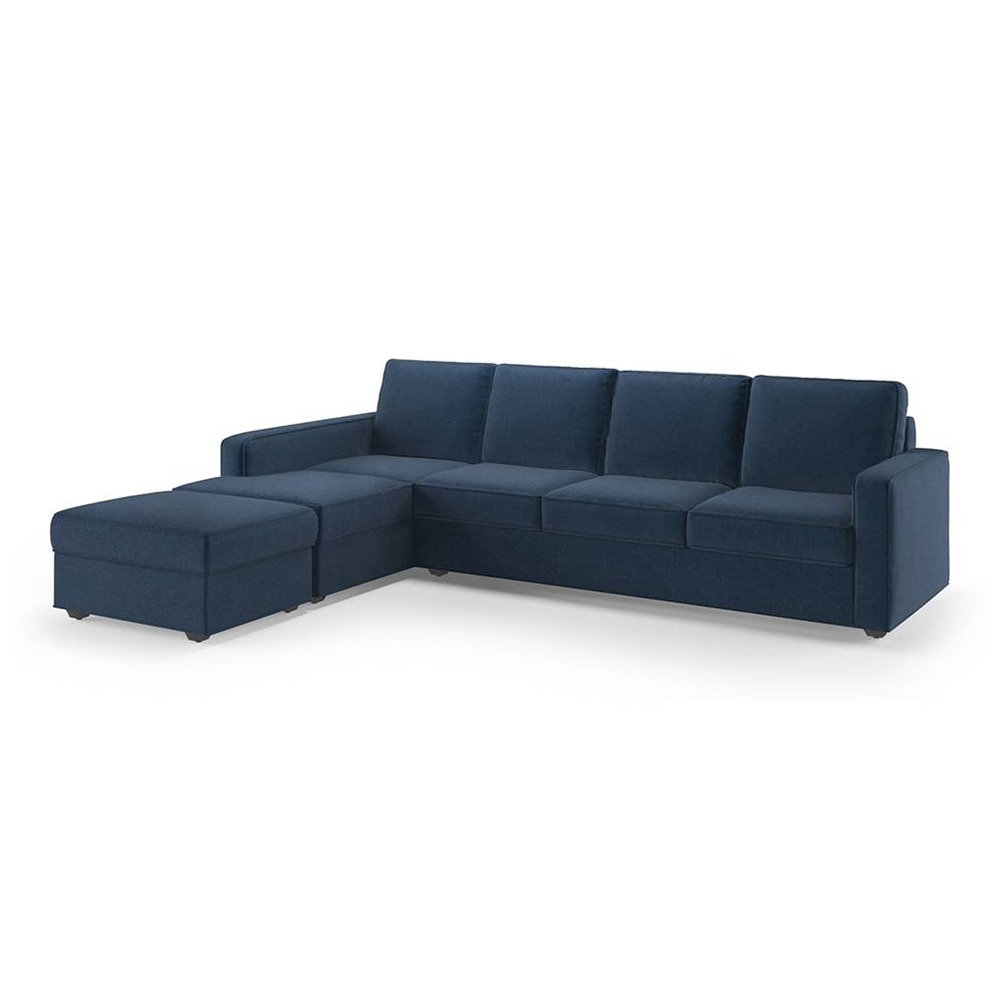 Apollo Fabric Sectional Sofa (Colour : Lapis Blue, Cushion : Soft, Back Type : Regular, Seating Capacity : Left Aligned 3 Seater + Left Aligned Chaise + Ottoman)