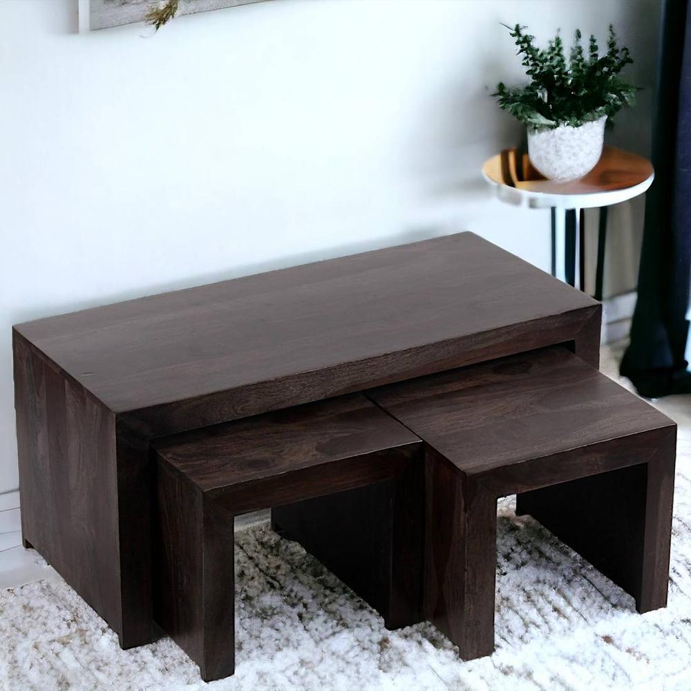 Kassel Sheesham Wood Coffee Table With 2 Stools Set In Mahogany Finish