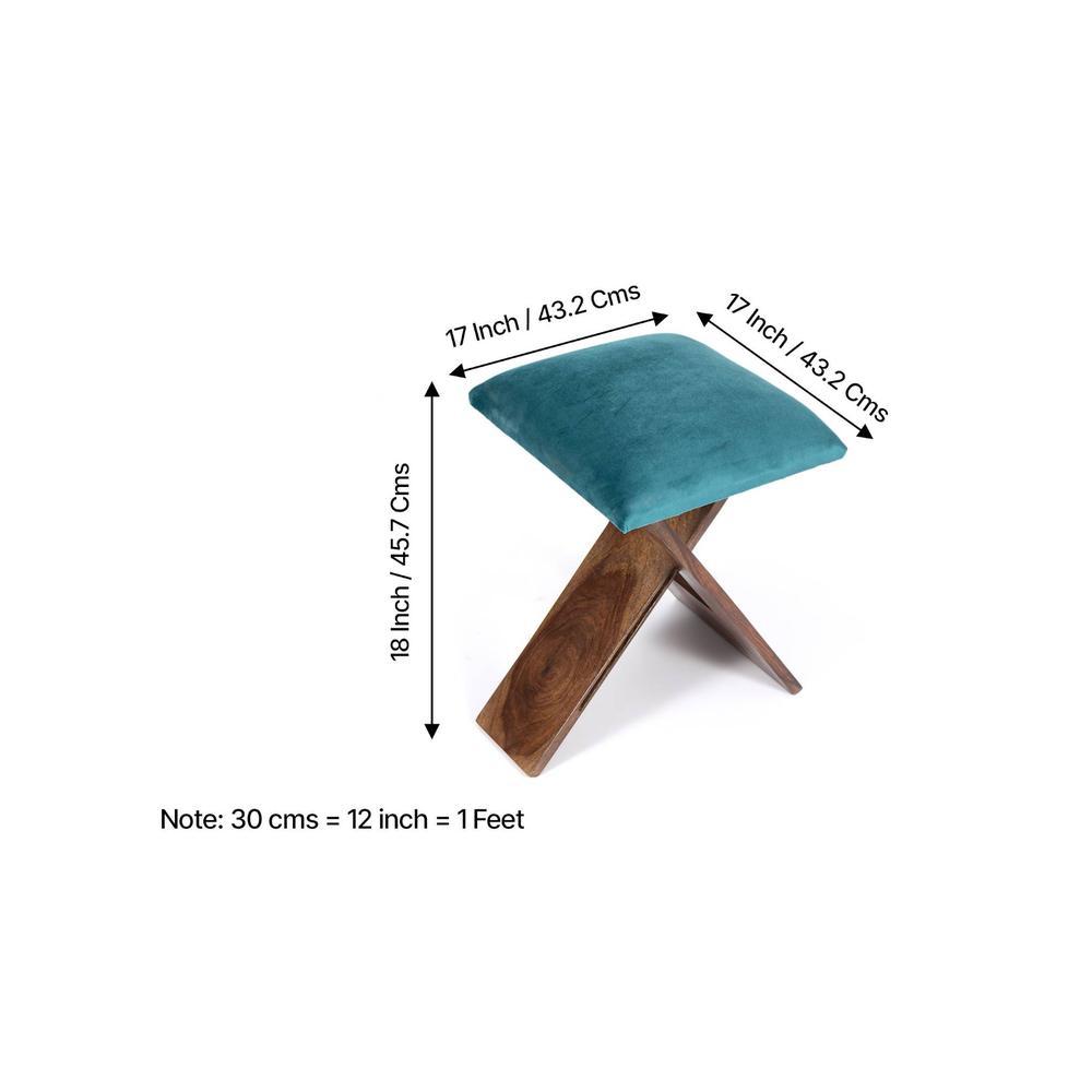 Dayton Sheesham Wood Accent Square Set of 2   Stools in Turquoise Sea Velvet Upholstery