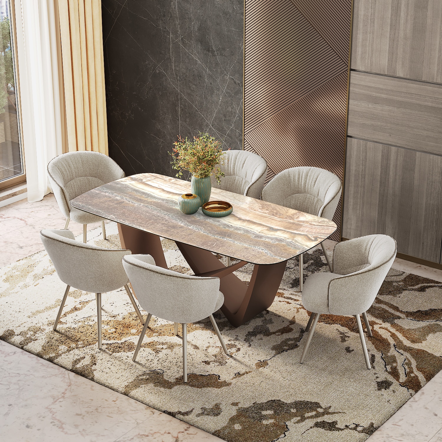 Paloma 6 Seater Jupiter Spanish Ceramic Dining Table With 6 Calix Dining Chairs (Finish : Jupiter Spanish Ceramic, Chair Colour : Beige)