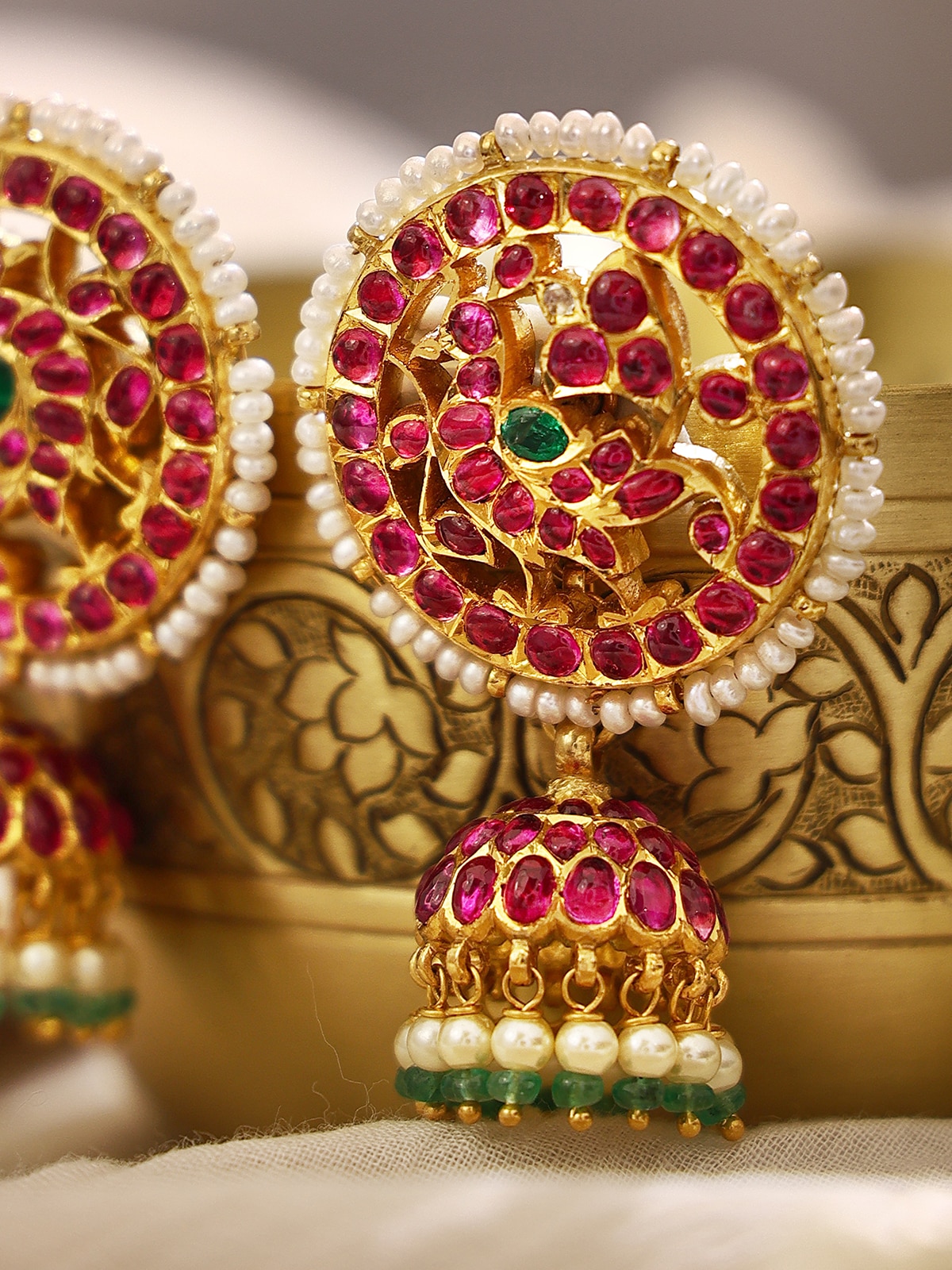Detailed view of Kundala Velai 22 Karat Gold Jhumkas highlighting intricate goldwork and traditional design