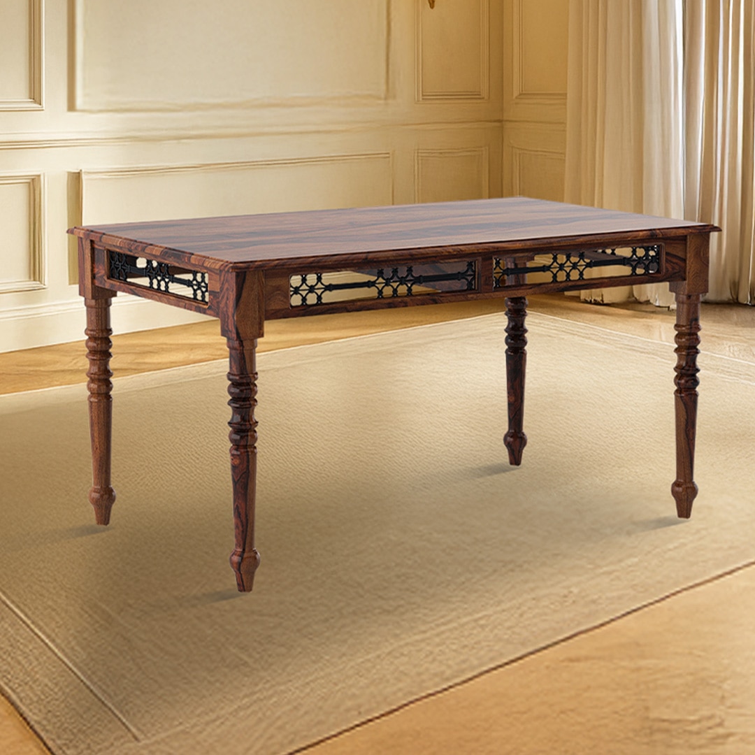 Bunai Solid Wood 6 Seater Dining Table In Teak Finish