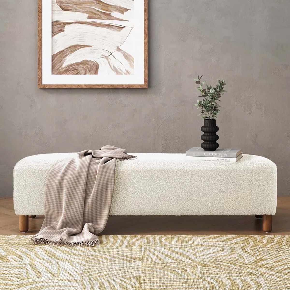 Zelko Boucle 2 Seater Ottoman Bench in Off white  Color - Home Lifestylez