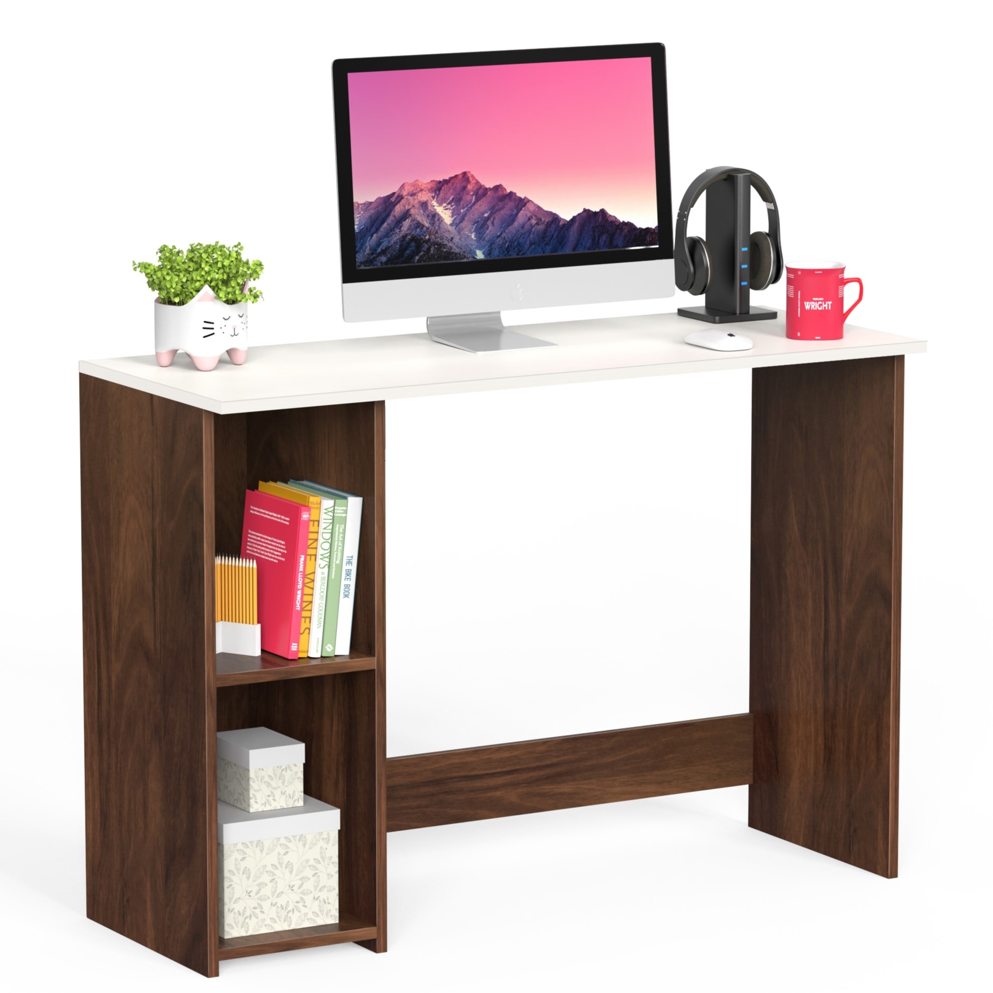 BLUEWUD Mallium Engineered Wood Study and Computer Laptop Table for Home or Office, WFH Desk with Storage Shelves for Adults Kids Students (Brown Maple & White)